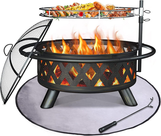 Amopatio Outdoor Fire Pit with Mat & Cover, 30 Inch Large Wood Burning Fire Pits, Patio Backyard Firepit with Steel BBQ Grill Cooking Grate, Spark Screen & Poker for Garden, Bonfire, Camping, Picnic