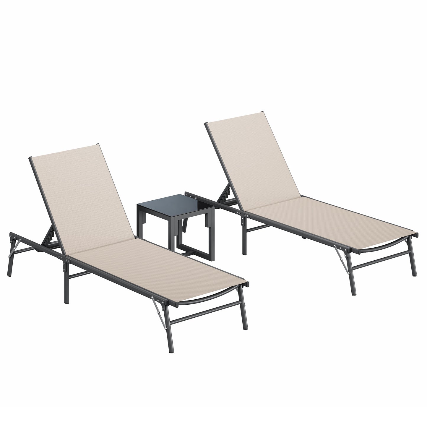Foldable Patio Lounge Chairs 3 Piece Set, 2 Portable Pool Chaise Lounges with Square Side Table, Heavy Duty Iron Frame, Weather Resistant, 5-Position Adjustable Backrest, 400 LBS Capacity,Khaki