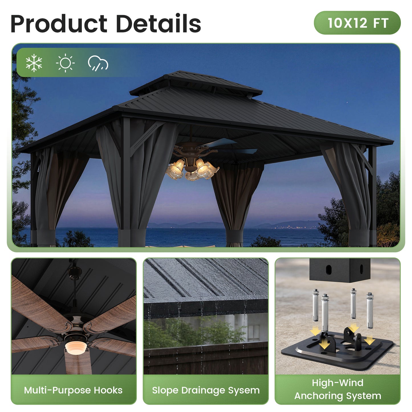 Amopatio 10x12FT Hardtop Gazebo, Metal Galvanized Steel Double Roof, Grey
