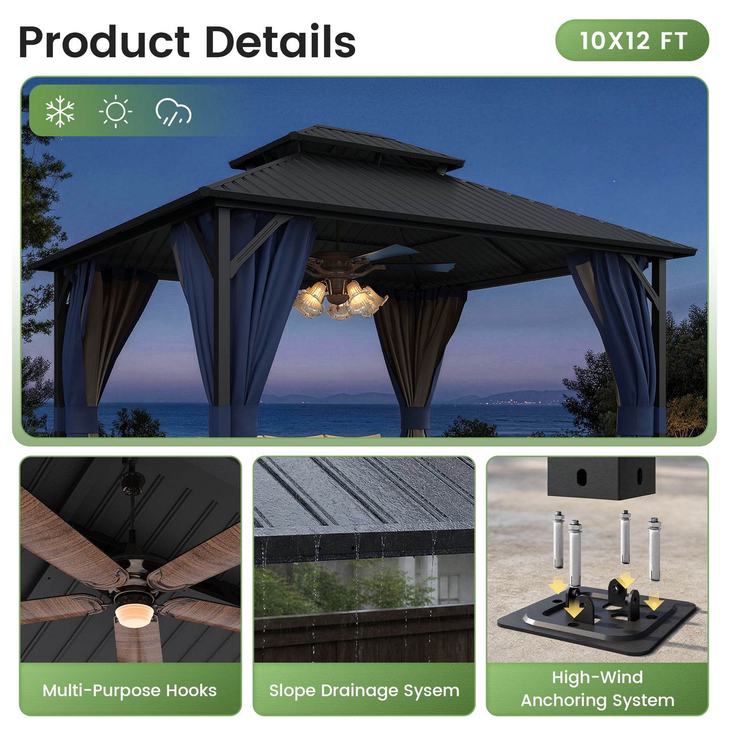 Amopatio 10x12FT Hardtop Gazebo, Metal Galvanized Steel Double Roof, Blue