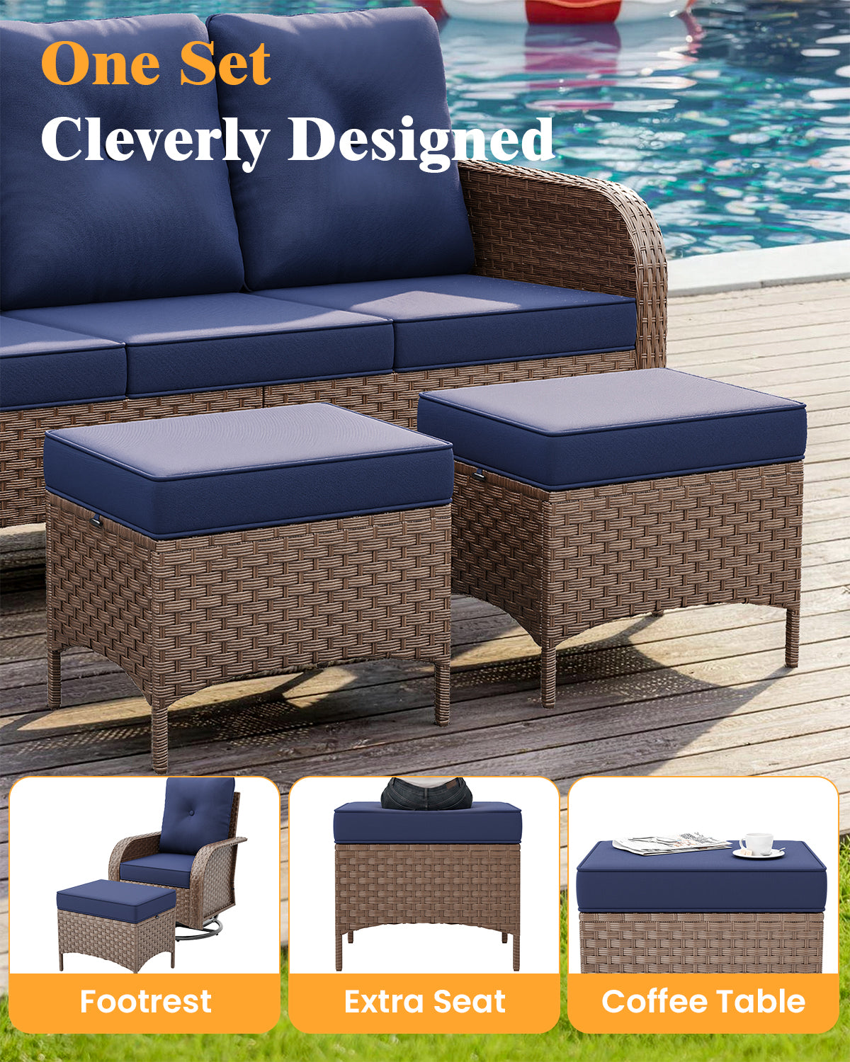 Amopatio 7 Pieces Outdoor Patio Furniture Set with Fire Pit Table, Wicker Swivel Rocker Chairs Sets