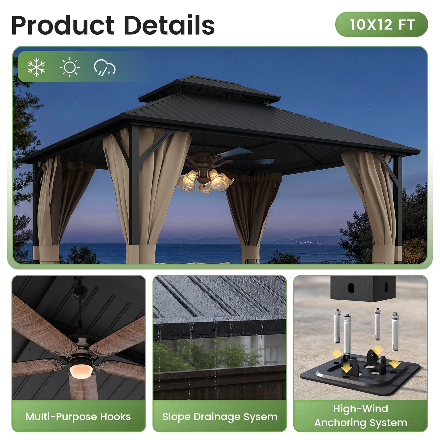 Amopatio 10x12FT Hardtop Gazebo, Metal Galvanized Steel Double Roof, Beige