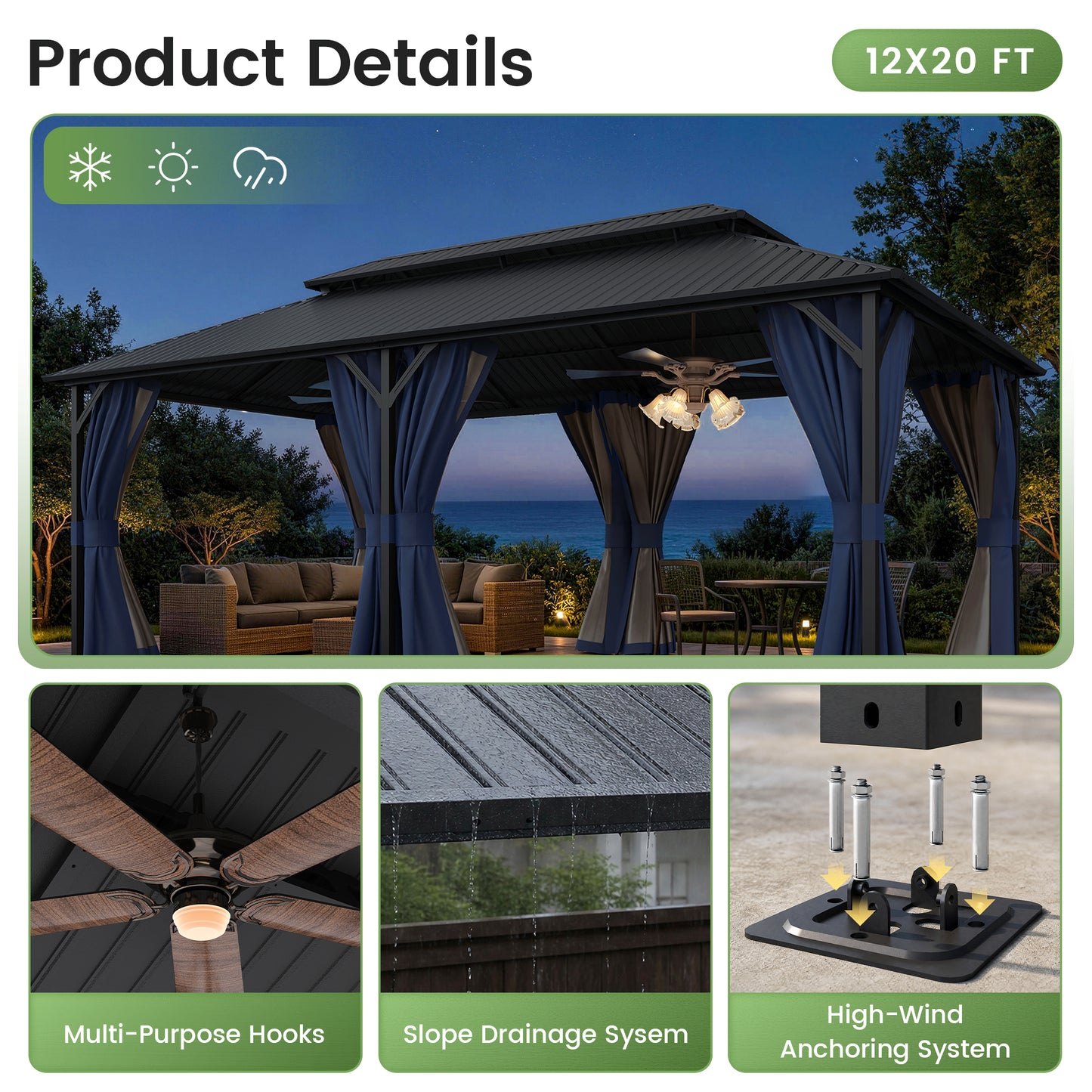 Amopatio 12x20FT Hardtop Gazebo, Metal Galvanized Steel Double Roof, Blue