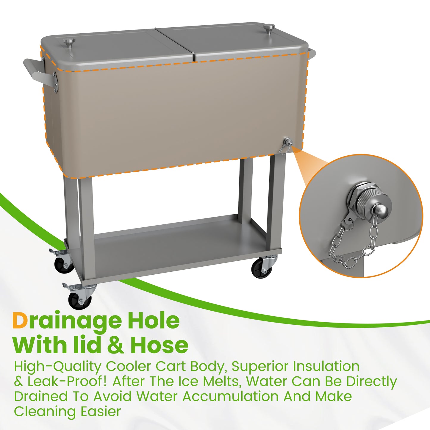 80 Quart Rolling Ice Chest Cooler Cart with Shelf, Heavy Duty Insulated Cooler Box on Wheels with Drain Plug, Weather Resistant Outdoor Party BBQ Drink Cart