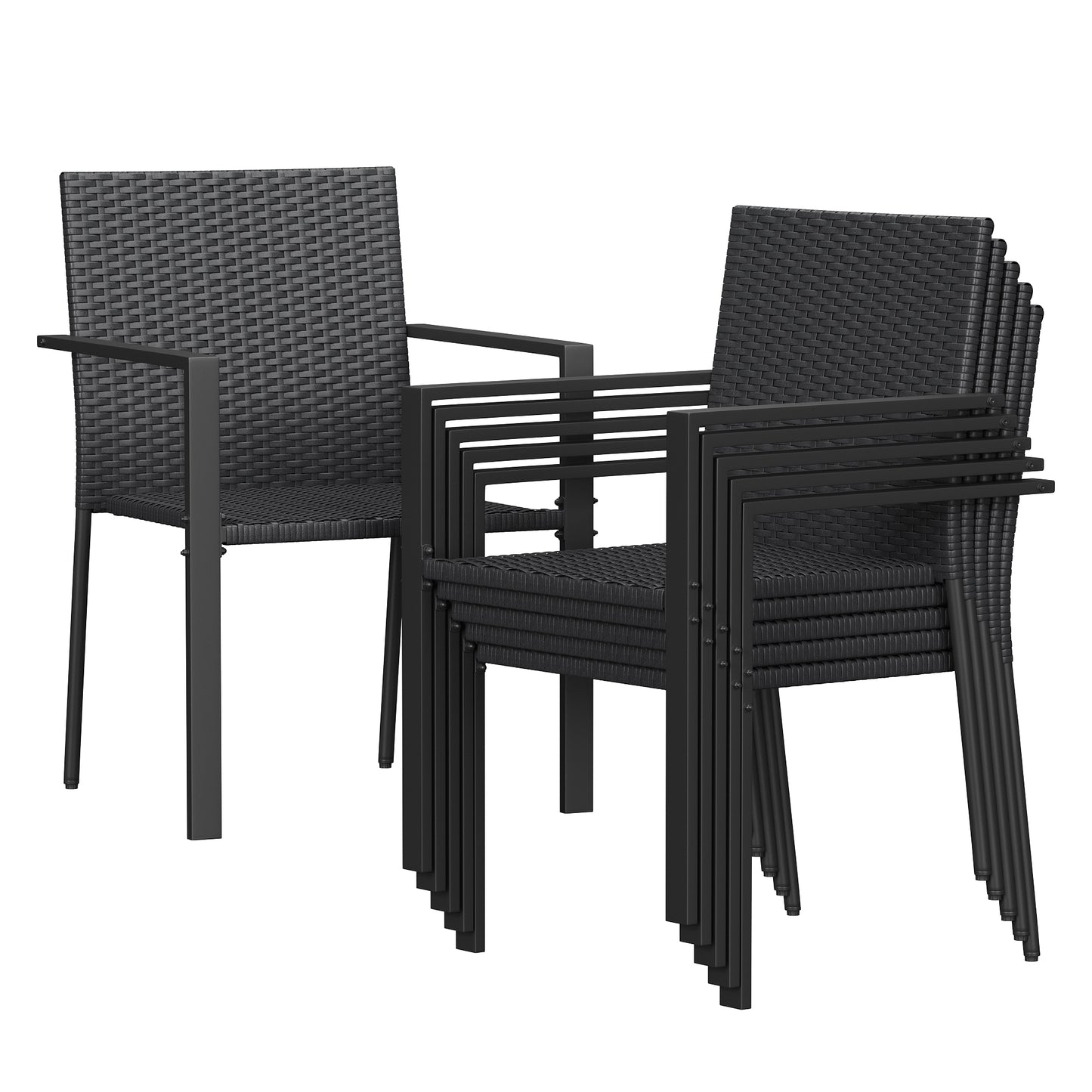 Amopatio Stackable Wicker Chairs, Patio Dining Chairs Set of 6, All-Weather Breathable Outdoor Dining Chair, Steel Frame, Armchair w/Armrests, for Garden, Porch, Deck, Poolside, Fire Pit, Black