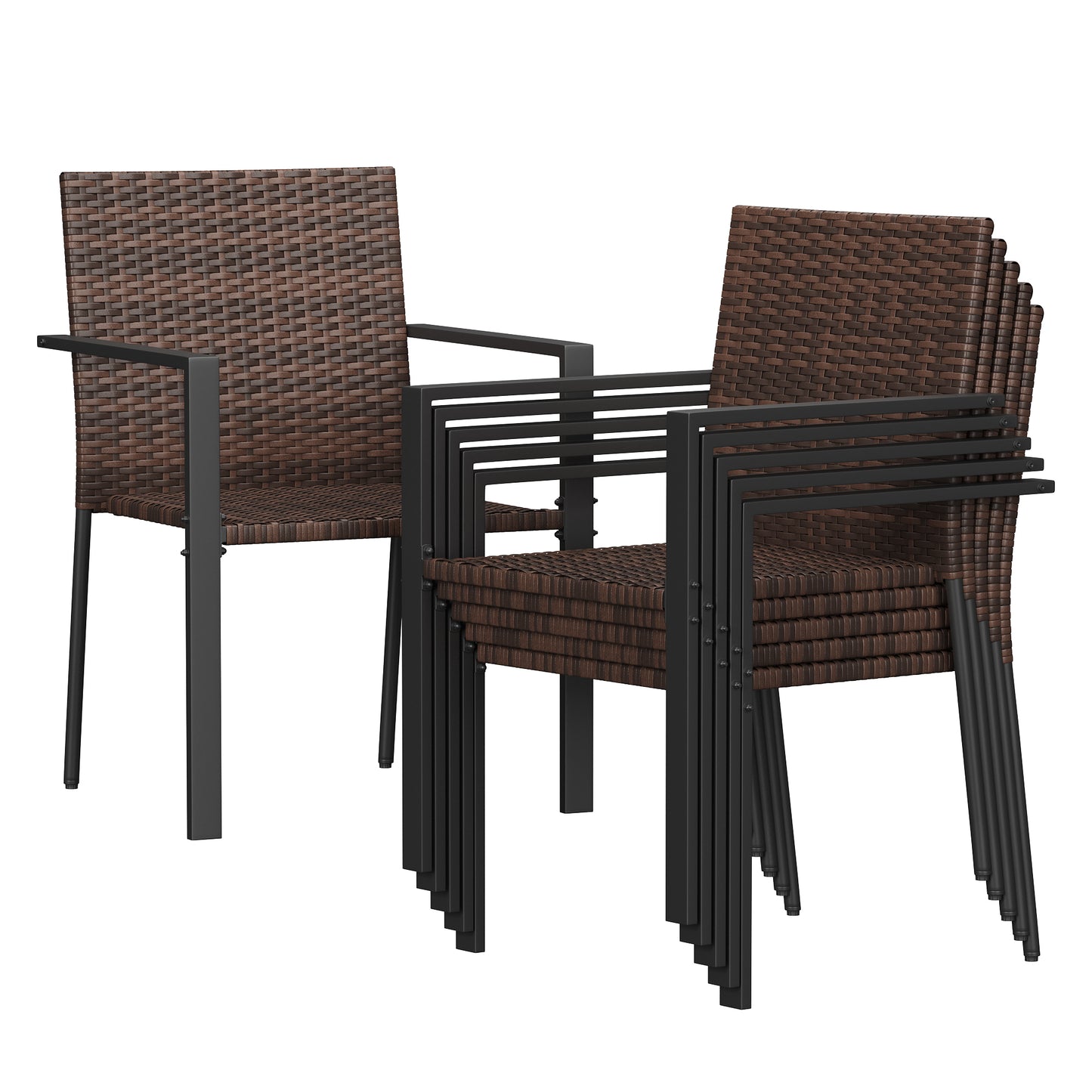 Amopatio Stackable Wicker Chairs, Patio Dining Chairs Set of 6, All-Weather Breathable Outdoor Dining Chair, Steel Frame, Armchair w/Armrests, for Garden, Porch, Deck, Poolside, Fire Pit, Brown