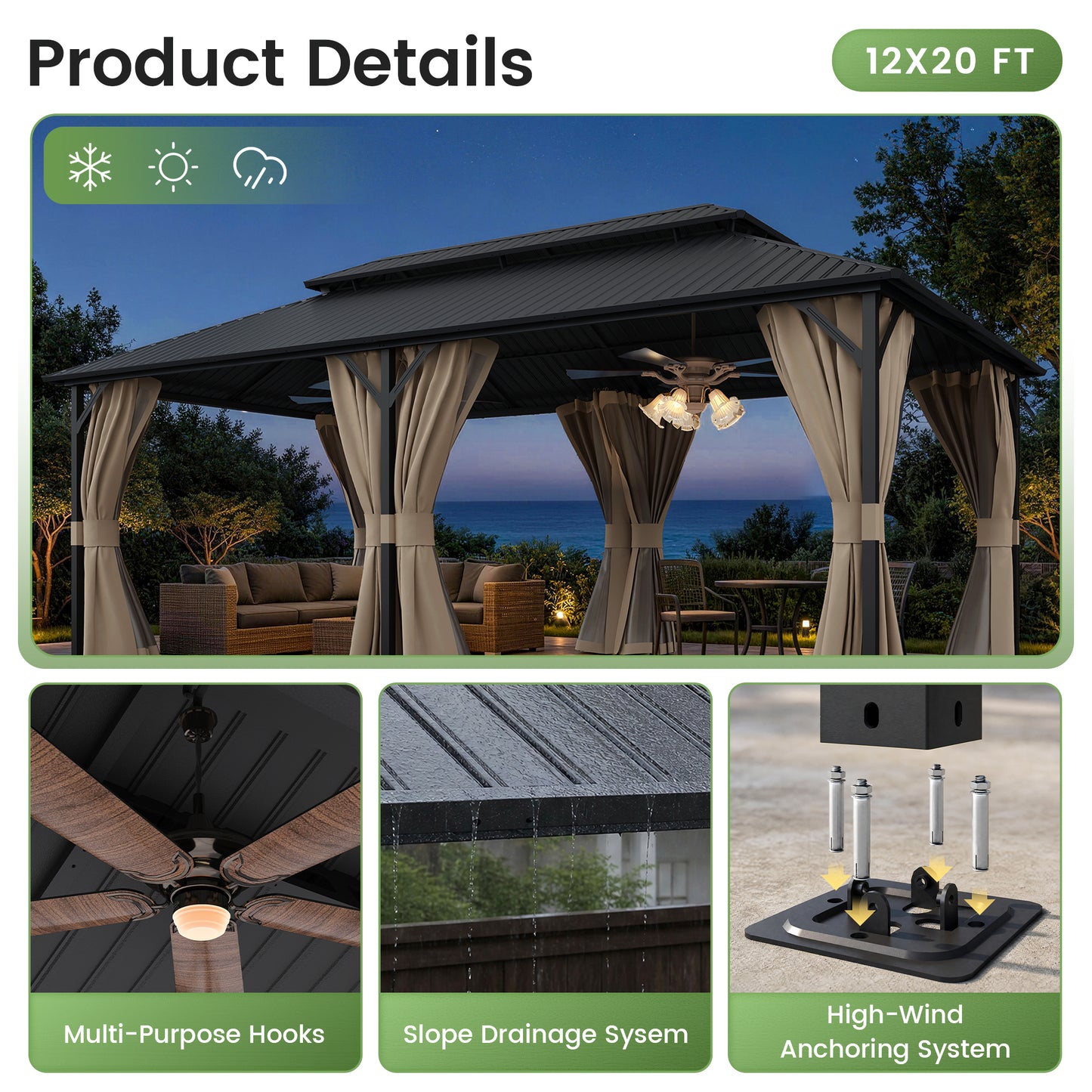 Amopatio 12x20FT Hardtop Gazebo, Metal Galvanized Steel Double Roof, Beige