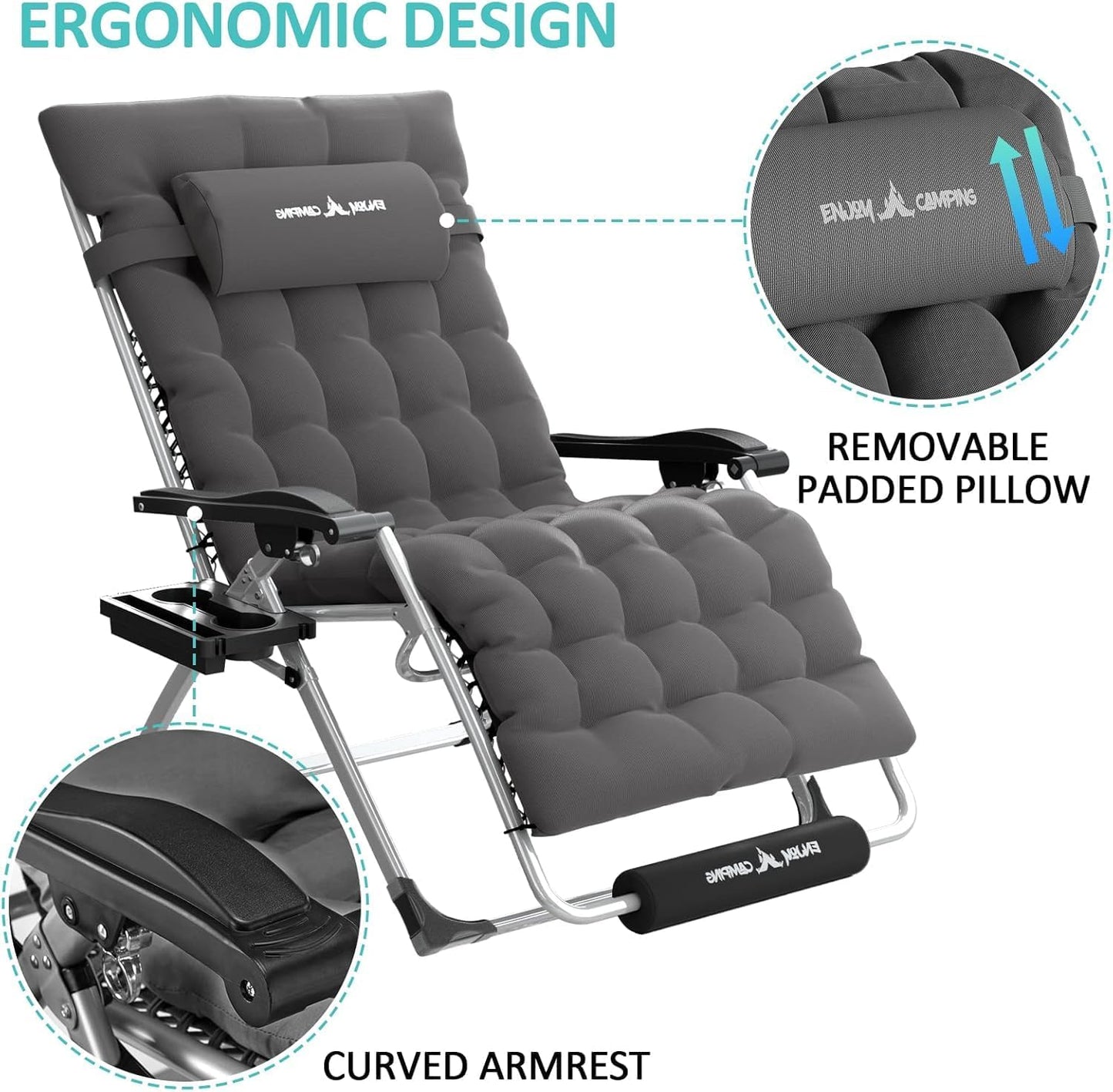 Amopatio Oversized Zero Gravity Chair with Cushion for Indoor & Outdoor, XXL 33Inch Patio Folding Reclining Lounge Chair with Tray/Footrest/Headrest
