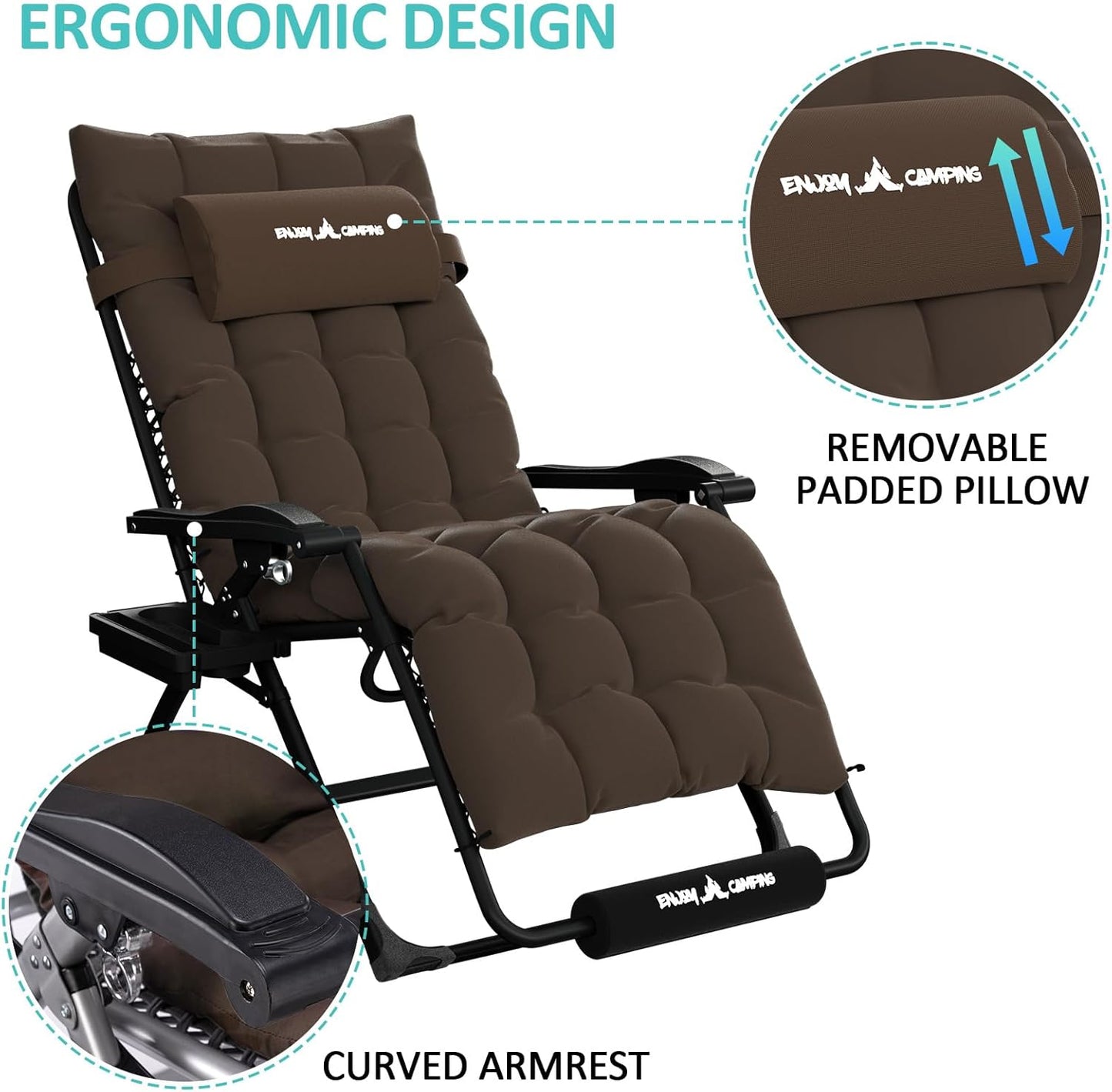 Amopatio Oversized Zero Gravity Chair with Cushion for Indoor & Outdoor, XXL 33Inch Patio Folding Reclining Lounge Chair with Tray/Footrest/Headrest