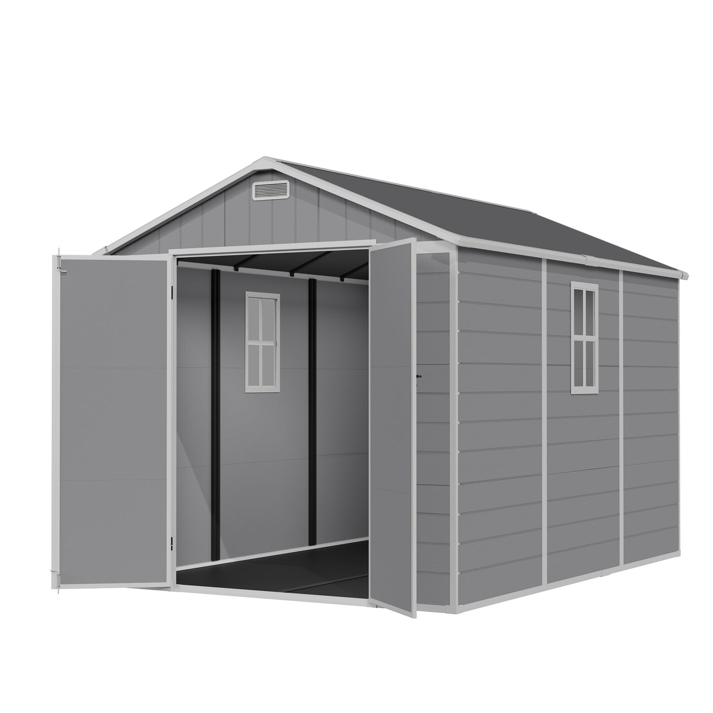 Amopatio 8X10 FT Resin Storage Shed, Outdoor Plastic Shed with Floor Included for Bike, Garden Tools, Sheds & Outdoor Storage with Lockable Door, Window & Vents, Grey & White
