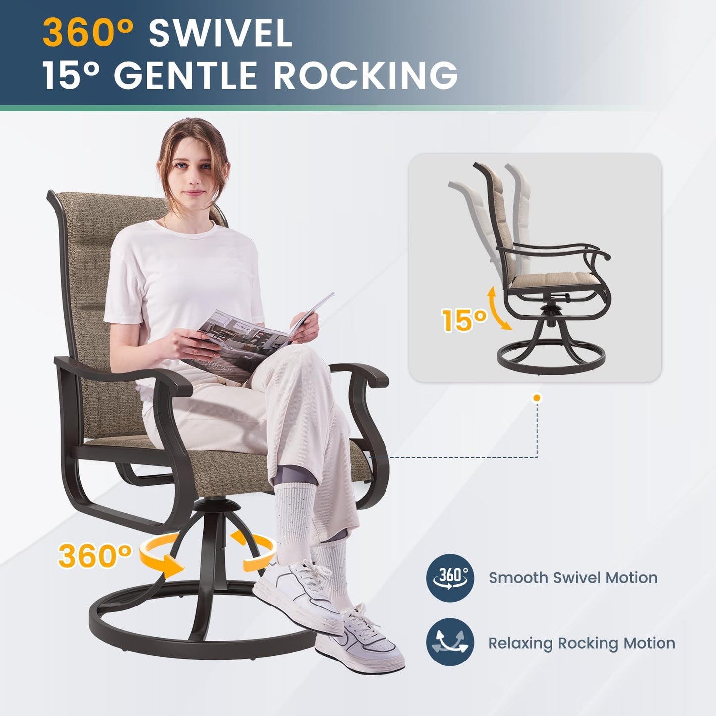 Amopatio Padded Patio Swivel Chairs Set of 4, Outdoor Dining Chairs with Ultra Soft Textilene High Back Seat & Metal Rocker Frame, for Backyard Deck Lawn Garden, Brown