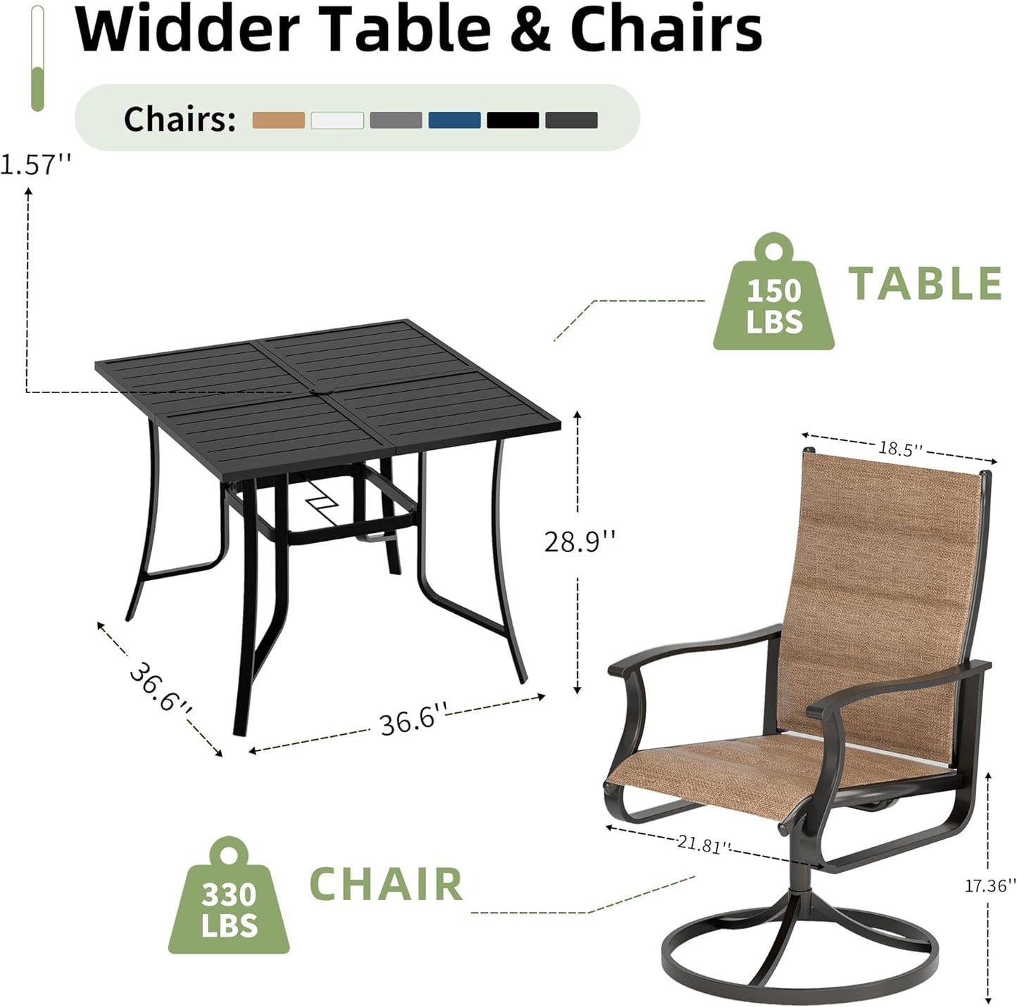 Amopatio 5 Pieces Patio Dining Set for 4, Outdoor Table and Chairs, 4 All Weather Padded Swivel Patio Chairs, 36" Patio Spliced Square Table with Umbrella Hole, for Backyard, Poolside & Garden, Brown