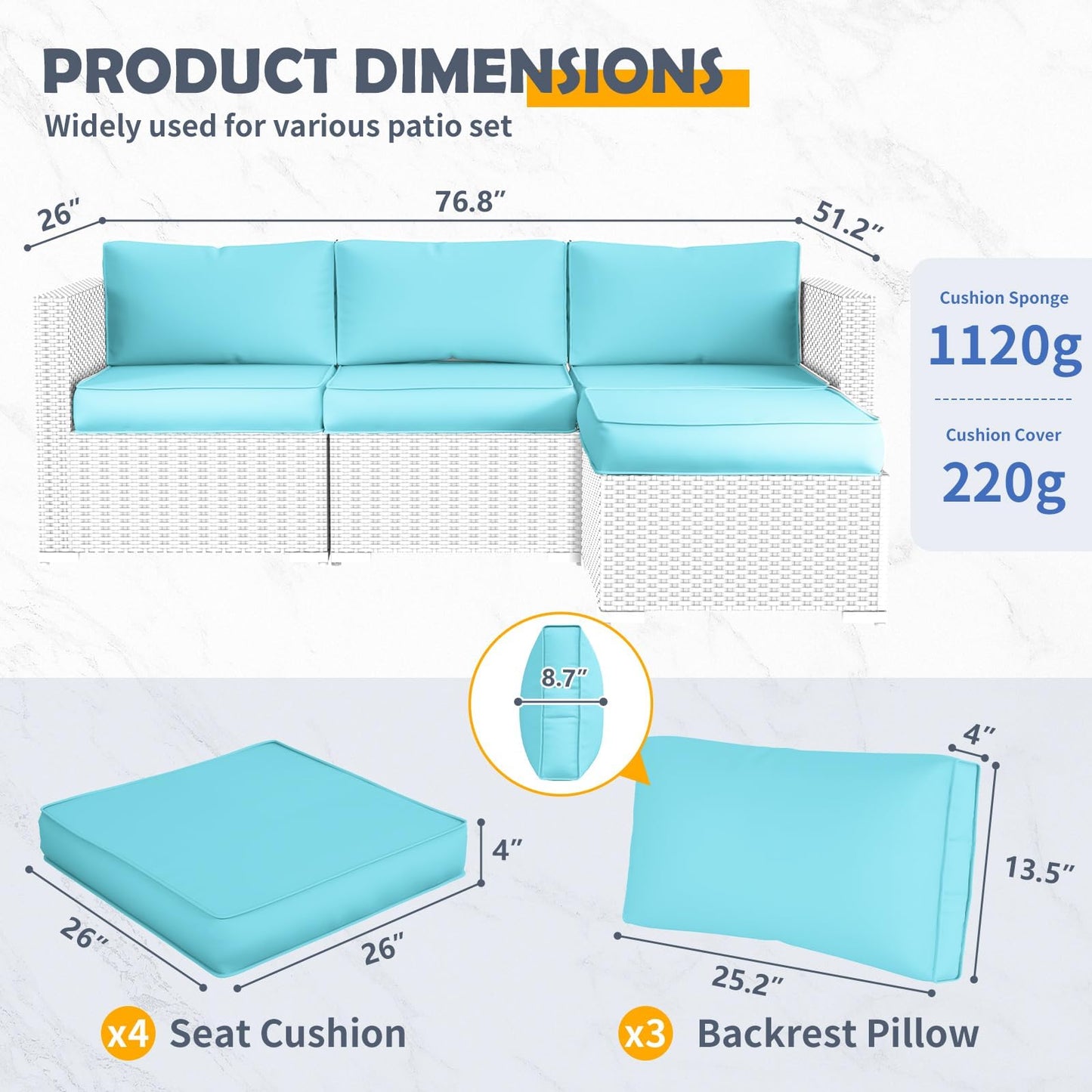 Outdoor Replacement Cushions for Patio Furniture Set, 4" Thick High-Density Foam Seat & Back Cushions, Water-Resistant Non-Slip Machine-Washable Patio Cushions (Teal)