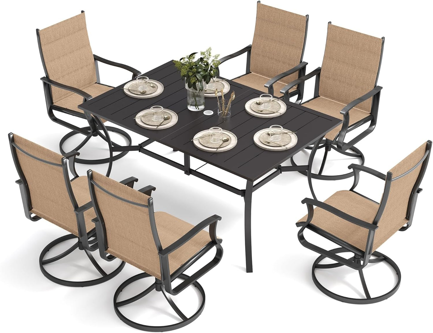 Amopatio 7 Pieces Patio Dining Set for 6, Outdoor Table and Chairs, 6 All Weather Padded Swivel Patio Chairs, 59" Patio Spliced Rectangular Table with Umbrella Hole, for Backyard & Poolside, Brown