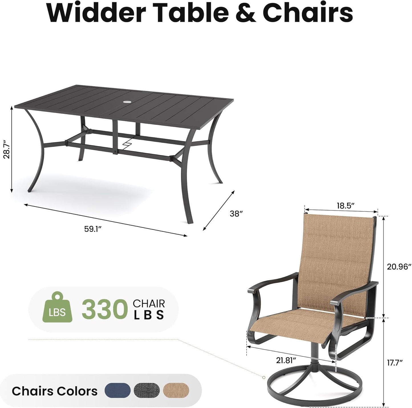 Amopatio 7 Pieces Patio Dining Set for 6, Outdoor Table and Chairs, 6 All Weather Padded Swivel Patio Chairs, 59" Patio Spliced Rectangular Table with Umbrella Hole, for Backyard & Poolside, Brown