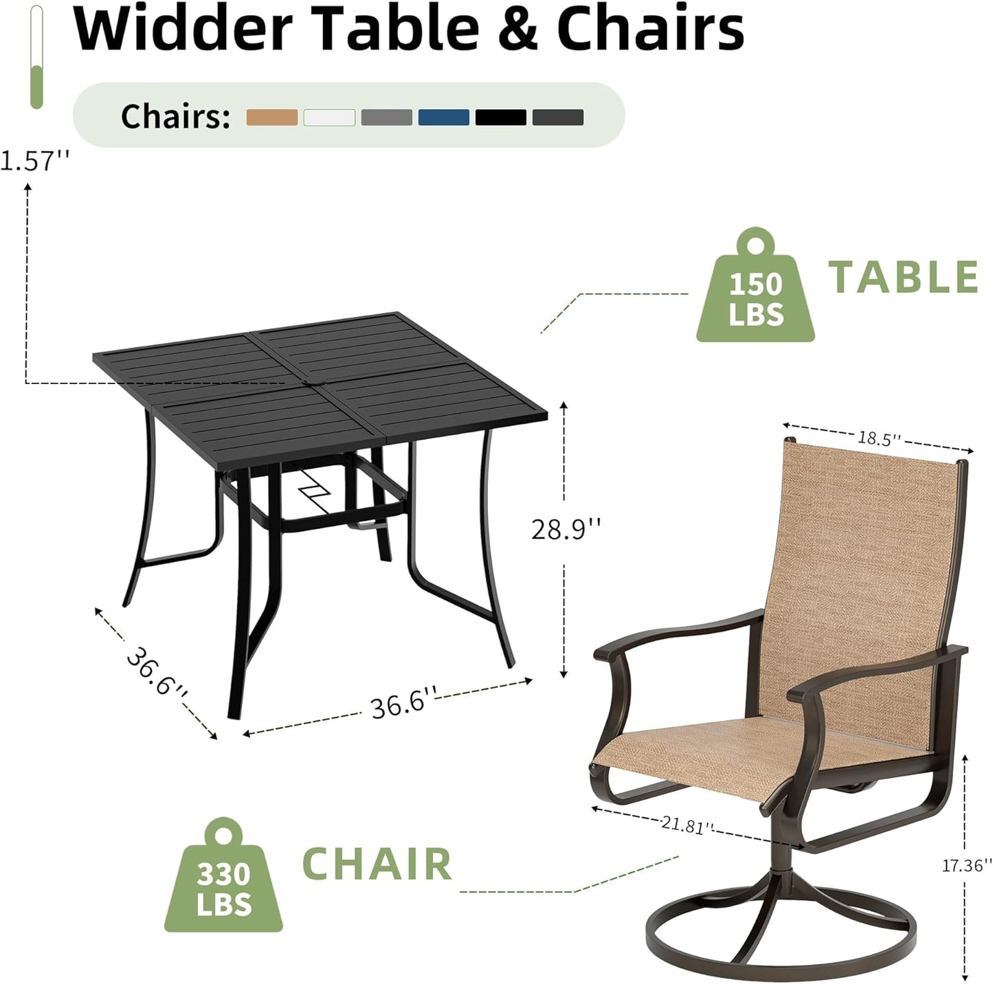 Amopatio 5 Pieces Patio Dining Set for 4, Outdoor Table and Chairs, 4 All Weather Swivel Patio Chairs, 36" Patio Spliced Square Table with Umbrella Hole, for Deck, Backyard, Poolside & Garden, Brown