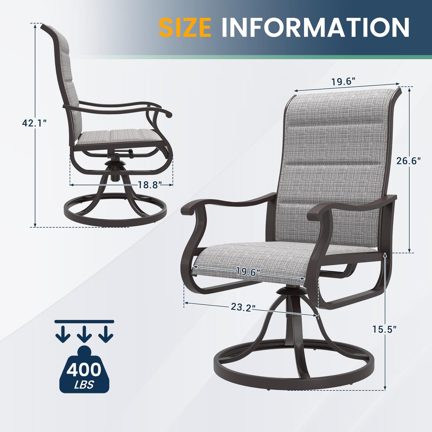 Amopatio Padded Patio Swivel Chairs Set of 2, Outdoor Dining Chairs with Ultra Soft Textilene High Back Seat & Metal Rocker Frame, for Backyard Deck Lawn Garden, Light Gray