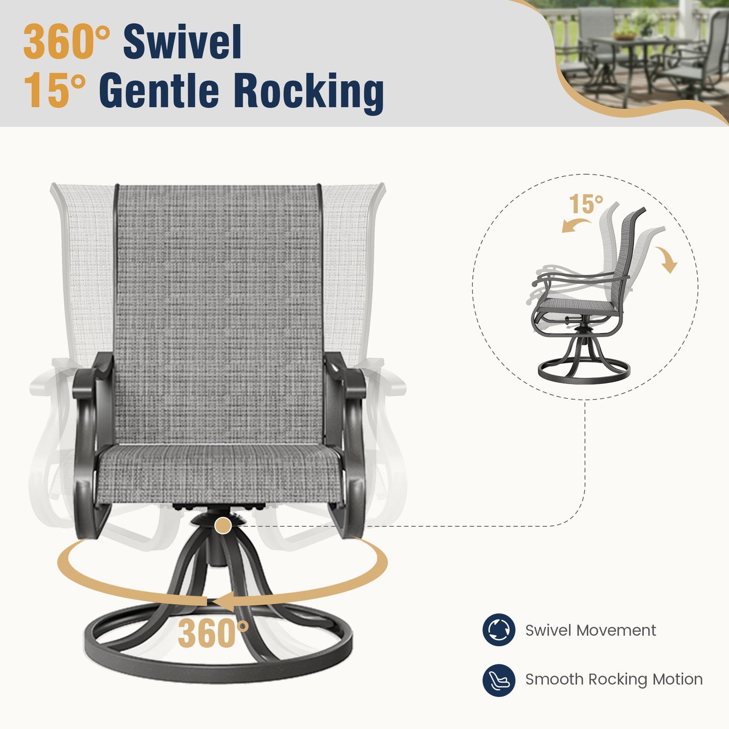 Amopatio Patio Swivel Chairs Set of 6, Outdoor Swivel Rocker Dining Chairs with All Weather Textilene High Back & Metal Frame, for Backyard Deck Lawn Garden (Light Gray)