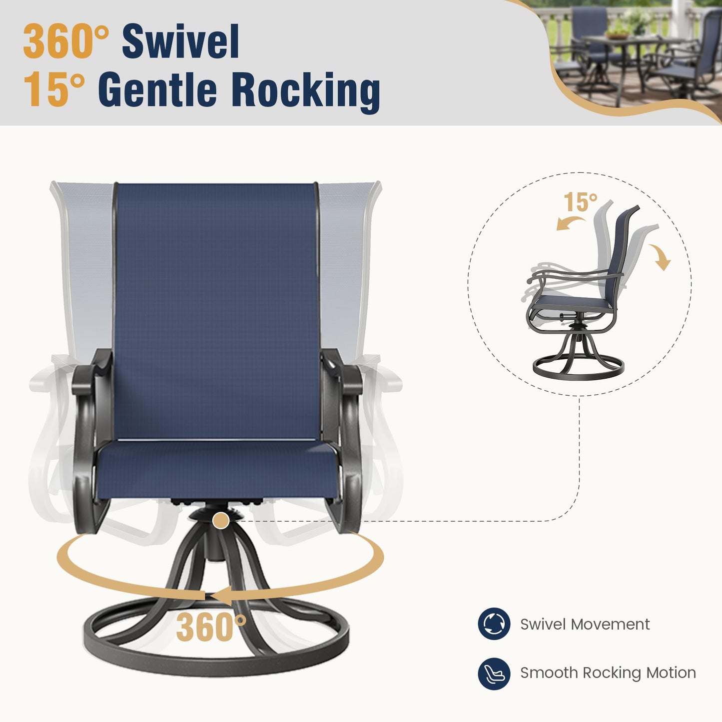 Amopatio Patio Swivel Chairs Set of 6, Outdoor Swivel Rocker Dining Chairs with All Weather Textilene High Back & Metal Frame, for Backyard Deck Lawn Garden, Navy Blue