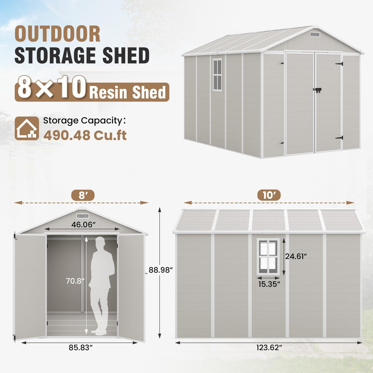 Amopatio 8x10 Storage Shed, Resin Outdoor Shed with Floor Included, Plastic Sheds Storage for Bike, Garden Tools, Sheds & Outdoor Storage with Lockable Door, Window & Vents, Sandstone