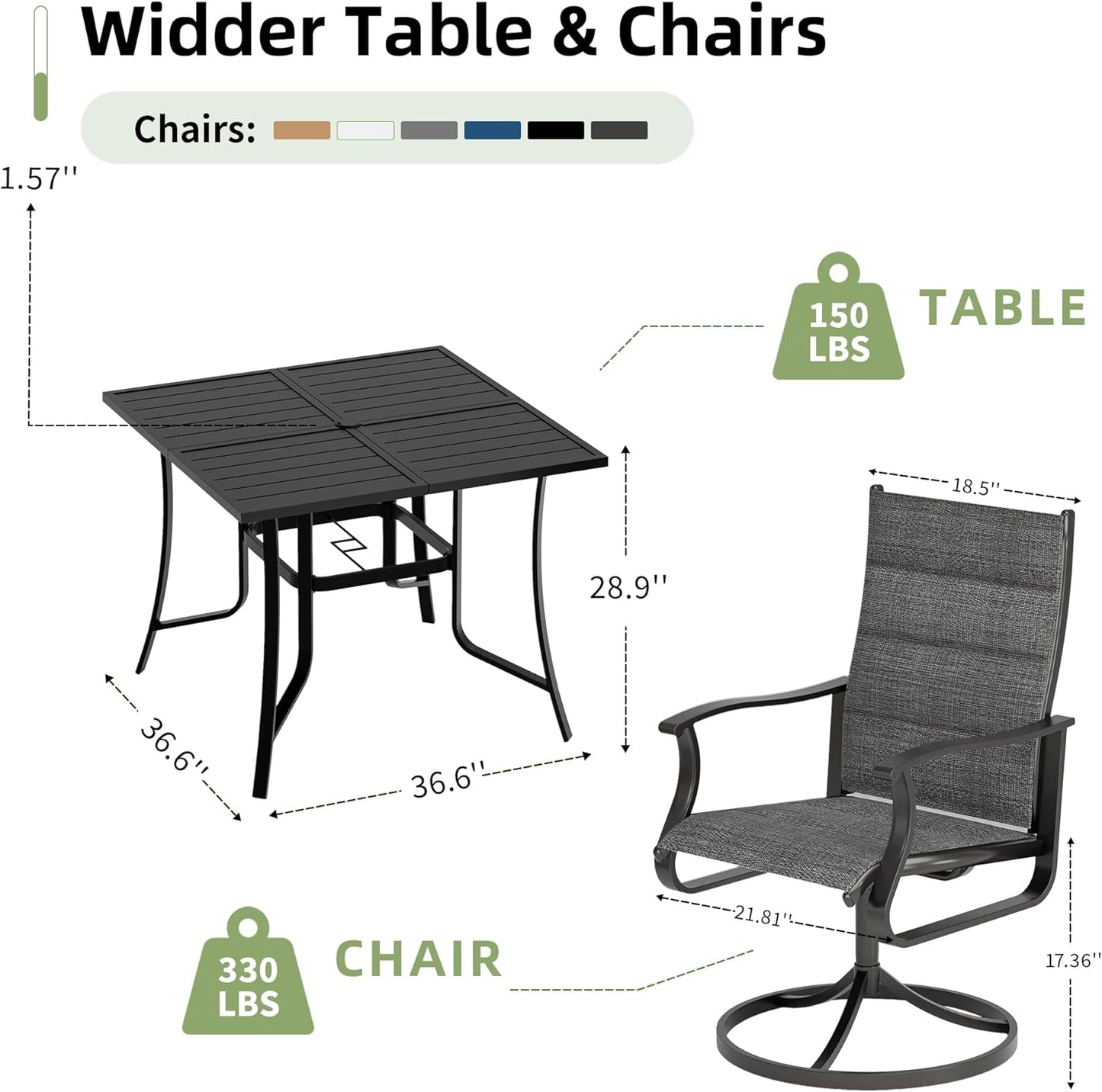 Amopatio 5 Pieces Patio Dining Set for 4, Outdoor Table and Chairs, 4 All Weather Padded Swivel Patio Chairs, 36" Patio Spliced Square Table with Umbrella Hole, for Backyard & Poolside, Dark Gray