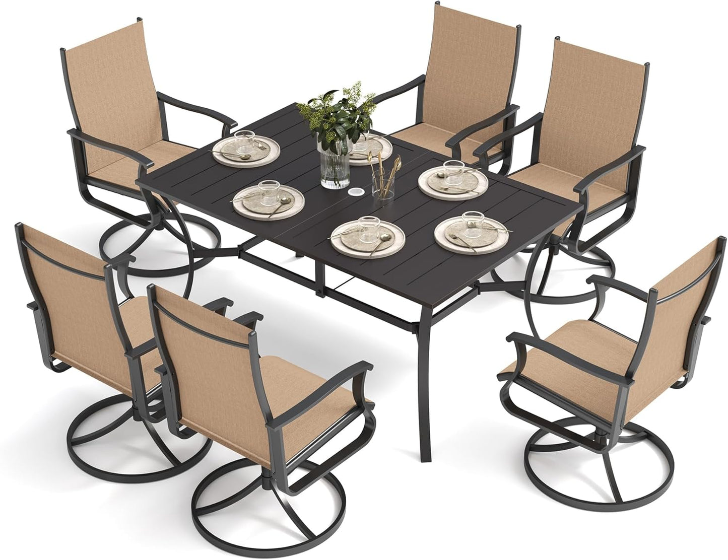 Amopatio 7 Pieces Patio Dining Set for 6, Outdoor Table and Chairs, 6 All Weather Swivel Patio Chairs, 59" Patio Spliced Rectangular Table with Umbrella Hole, for, Backyard, Poolside & Garden, Brown
