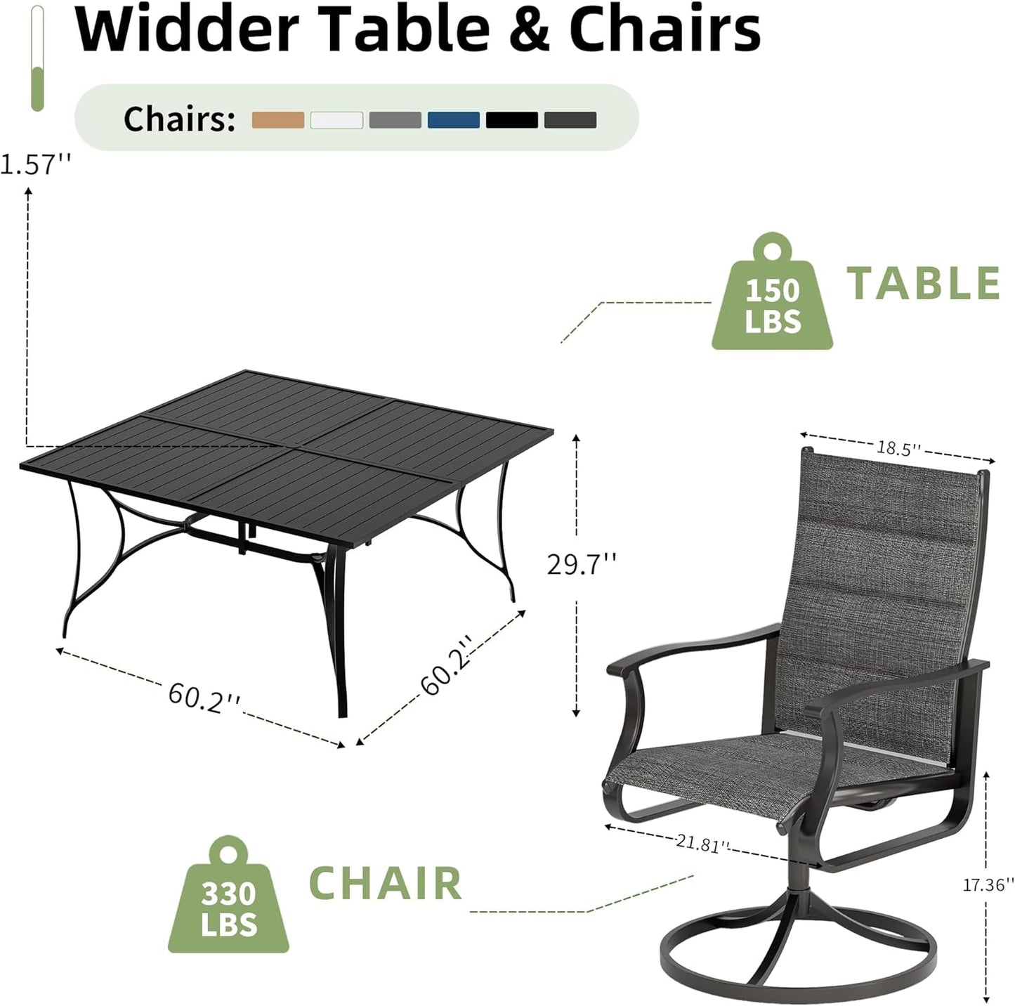 Amopatio 9 Pieces Patio Dining Set for 8, Outdoor Table and Chairs, 8 All Weather Padded Swivel Patio Chairs, 60" Patio Spliced  Square Table with Umbrella Hole, for Backyard & Poolside, Dark Gray