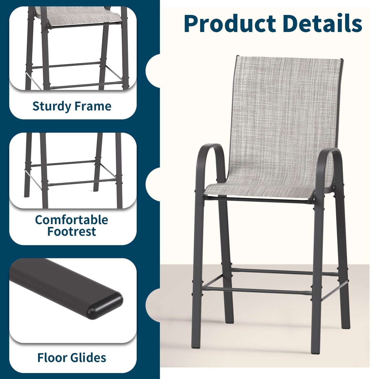 Amopatio Outdoor Bar Stools Set of 4, High Back Outdoor Bar Chairs, All-Weather Textile Bar Height Patio Chair, Sturdy Patio Bar Stools for Backyard, Porch, Light Grey