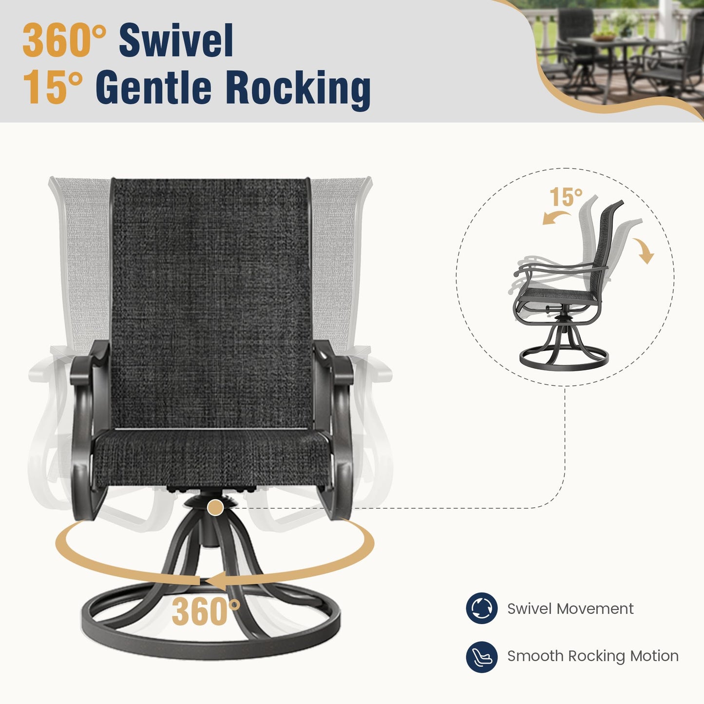 Amopatio Patio Swivel Chairs Set of 4, Outdoor Swivel Rocker Dining Chairs with All Weather Textilene High Back & Metal Frame, for Backyard Deck Lawn, Dark Grey