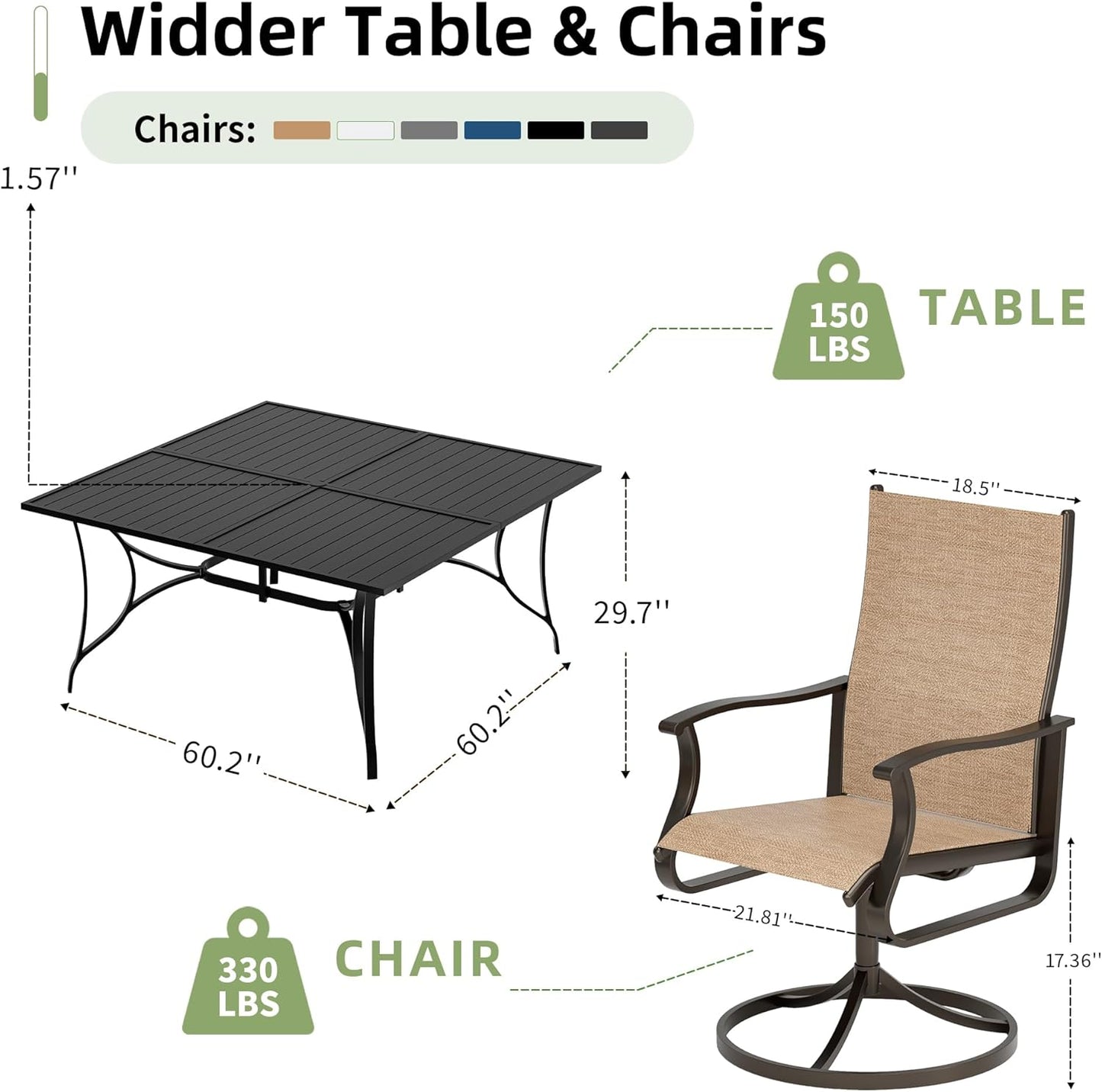 Amopatio 9 Pieces Patio Dining Set for 8, Outdoor Table and Chairs, 8 All Weather Swivel Patio Chairs, 60" Patio Spliced  Square Table with Umbrella Hole, for Deck, Backyard, Poolside & Garden, Brown