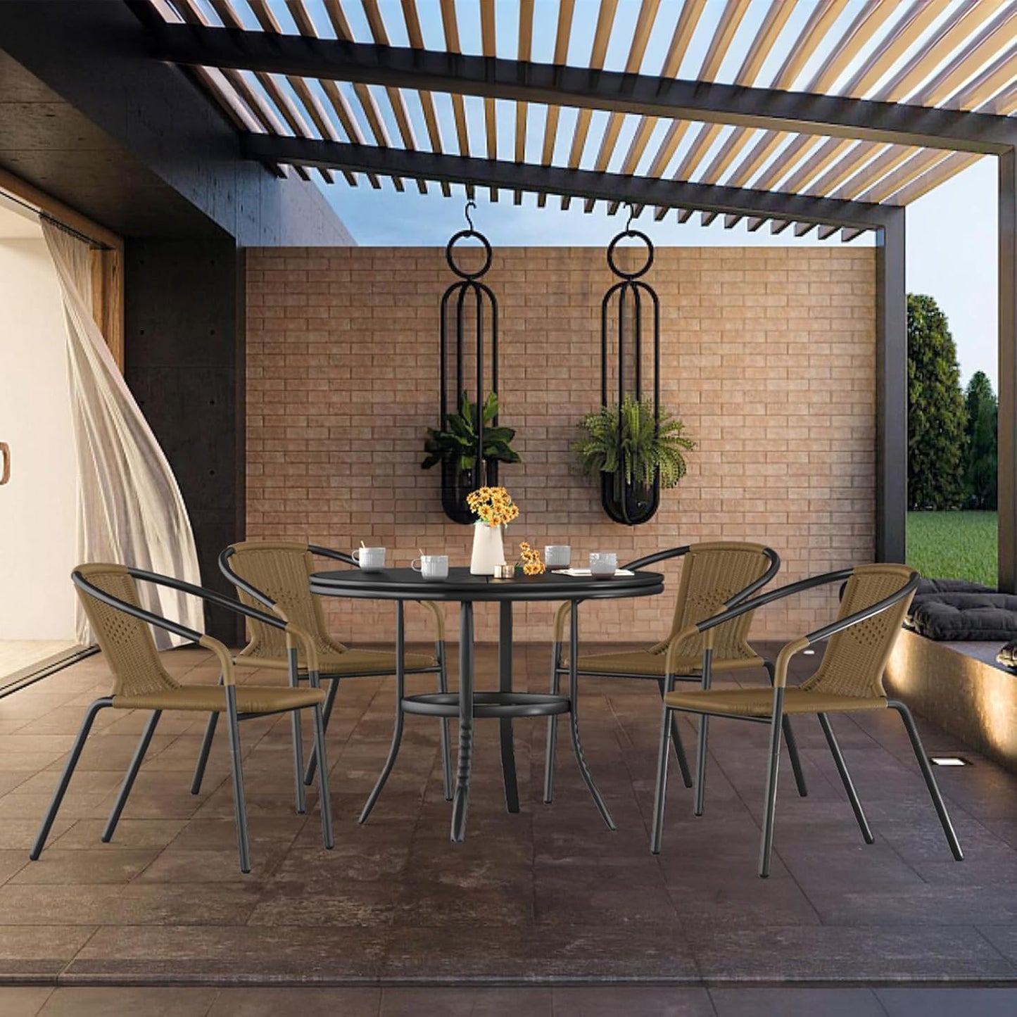 Amopatio Outdoor Dining Chairs Set of 6, Rattan Patio Chairs Wicker, Stackable Indoor-Outdoor Chair, Bistro, Deck, Yard, Porch, Restaurant Stack Chair 6 Pack, Brown