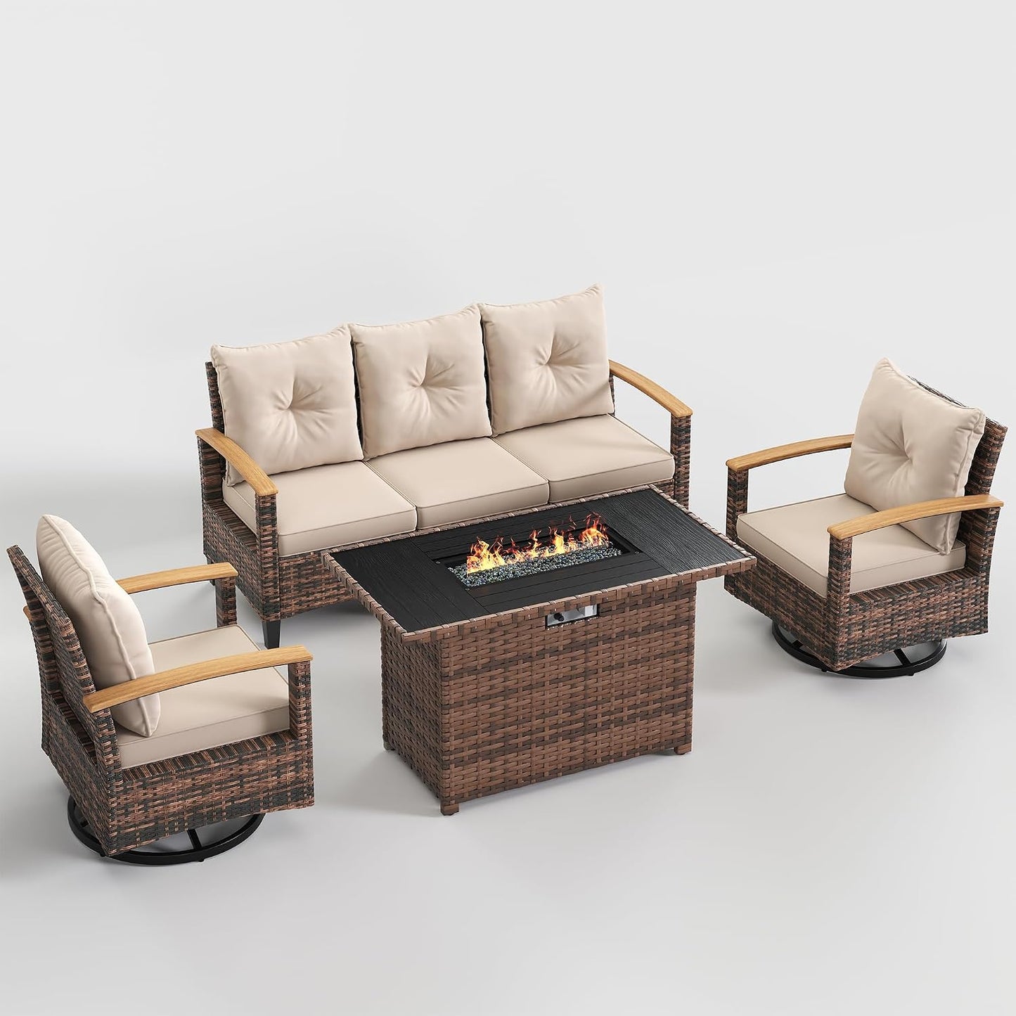 Amopatio Patio Furniture Set, 4 Pieces Outdoor Patio Conversation Sets with Swivel Chairs, Wicker Patio Furniture Set with Firepit Table, Outdoor Couch Set for Balcony, Porch, Deck, Backyard, Beige