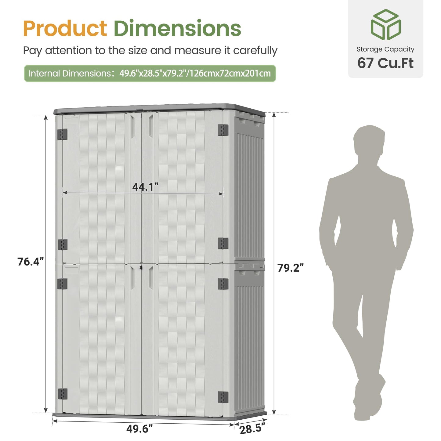 Amopatio 67 Cu Ft Premium Vertical Storage Shed, 4x6.5 FT Outdoor Resin Shed with Floor, Waterproof Weather Resistance Plastic Cabinet, Lockable Doors for Patio, Garden Tools, Lawn, Grey & White