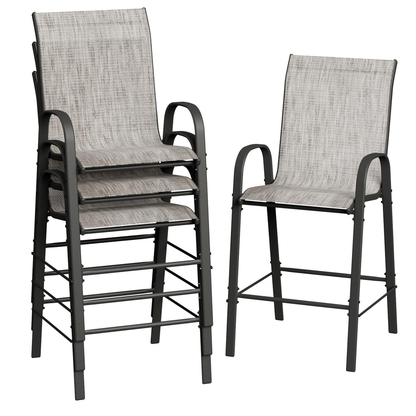 Amopatio Outdoor Bar Stools Set of 4, High Back Outdoor Bar Chairs, All-Weather Textile Bar Height Patio Chair, Sturdy Patio Bar Stools for Backyard, Porch, Light Grey