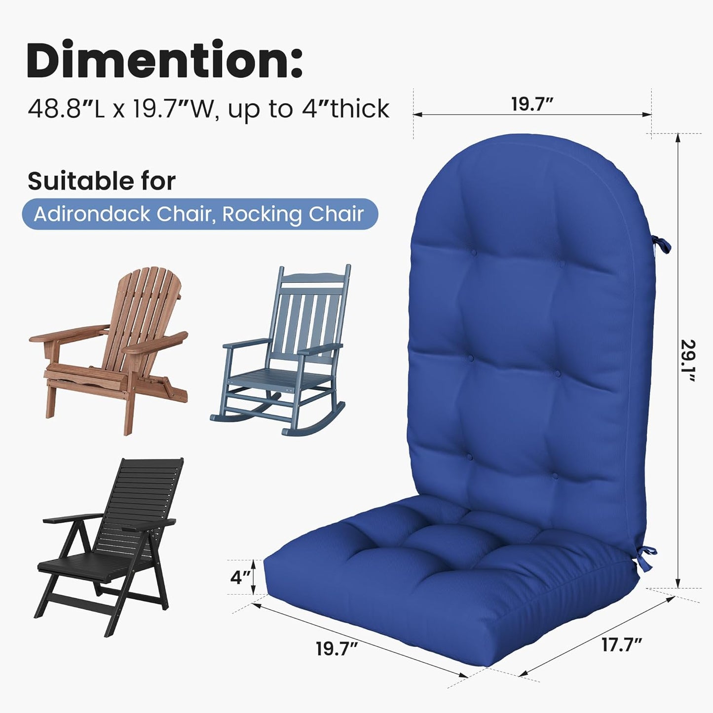 Amopatio Adirondack Chair Cushions 4" Thick Set - Outdoor Cushions for Patio Furniture, Contoured Design with Anti-Slip Straps & Water-Resistant Fabric for Adirondack Chairs, Navy Blue