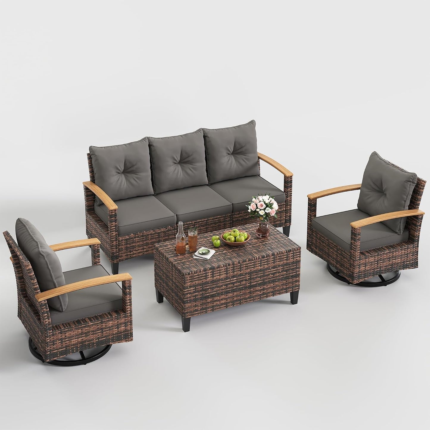 Amopatio Patio Furniture Set, 4 Pieces Outdoor Patio Conversation Sets with Swivel Chairs, Wicker Patio Furniture Set with Storage Table, Outdoor Couch Set for Balcony, Porch, Deck, Backyard, Gray