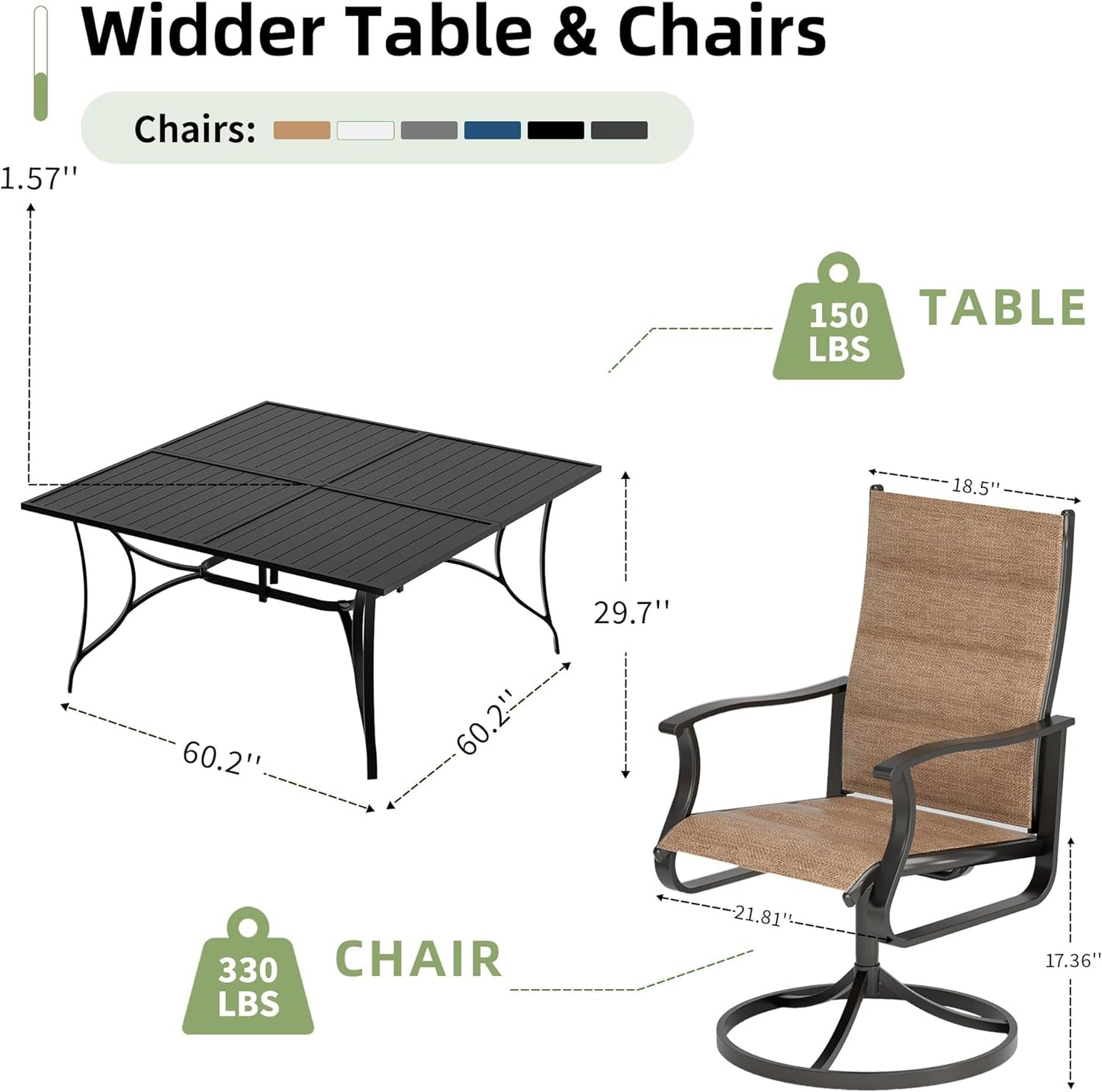 Amopatio 9 Pieces Patio Dining Set for 8, Outdoor Table and Chairs, 8 All Weather Padded Swivel Patio Chairs, 60" Patio Spliced  Square Table with Umbrella Hole, for Deck, Backyard &Poolside, Brown