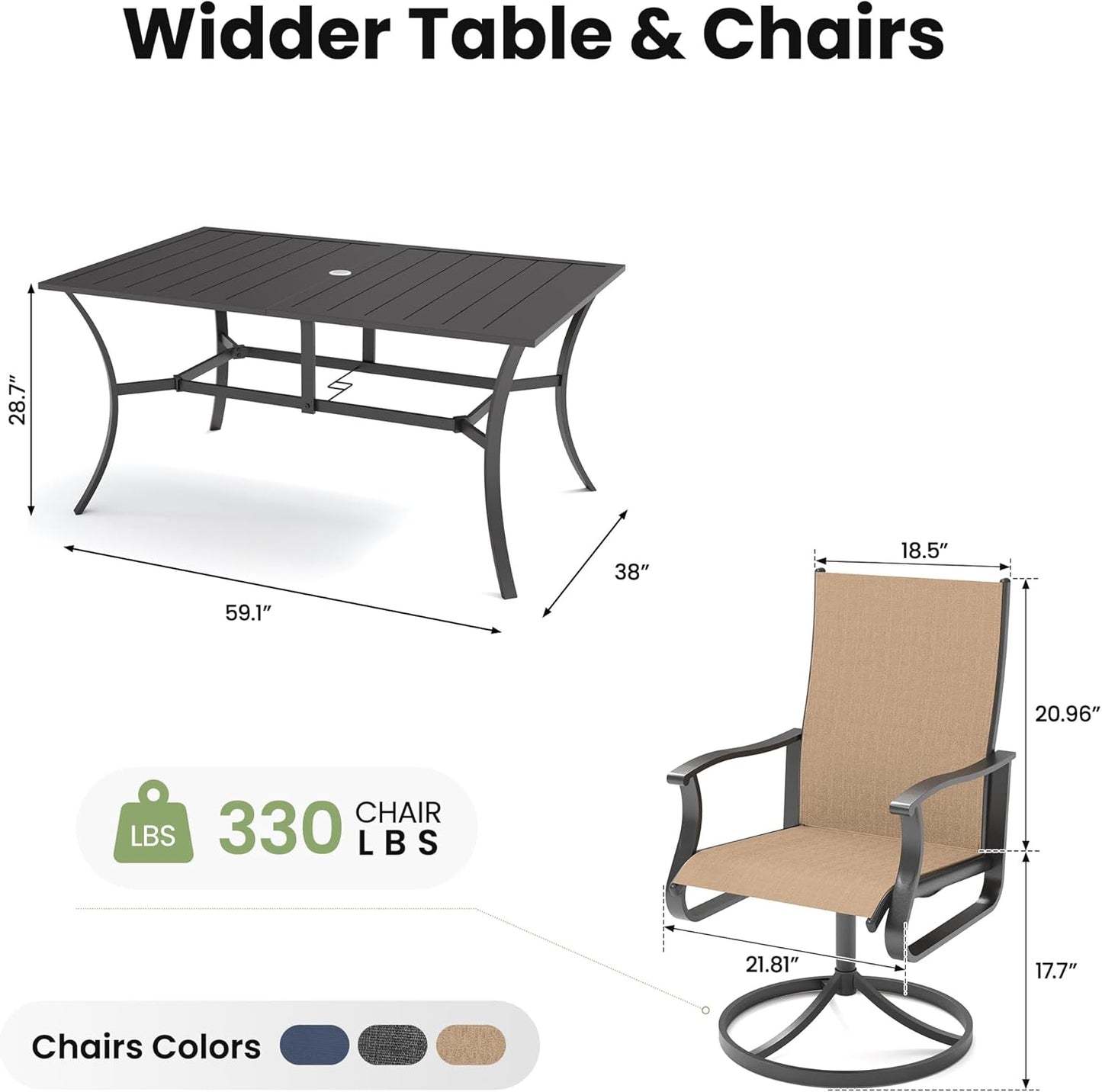 Amopatio 7 Pieces Patio Dining Set for 6, Outdoor Table and Chairs, 6 All Weather Swivel Patio Chairs, 59" Patio Spliced Rectangular Table with Umbrella Hole, for, Backyard, Poolside & Garden, Brown