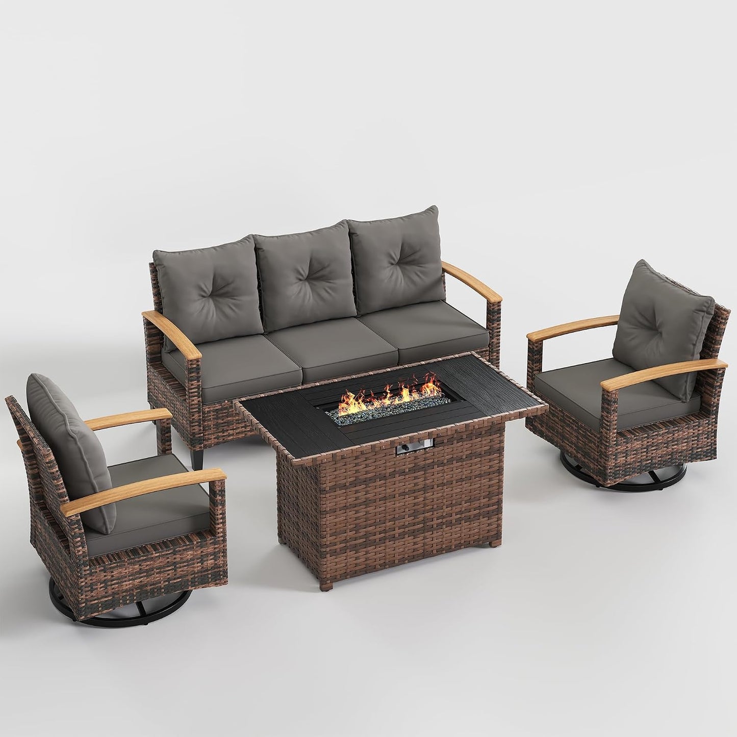 Amopatio Patio Furniture Set, 4 Pieces Outdoor Patio Conversation Sets with Swivel Chairs, Wicker Patio Furniture Set with Firepit Table, Outdoor Couch Set for Balcony, Porch, Deck, Backyard, Gray