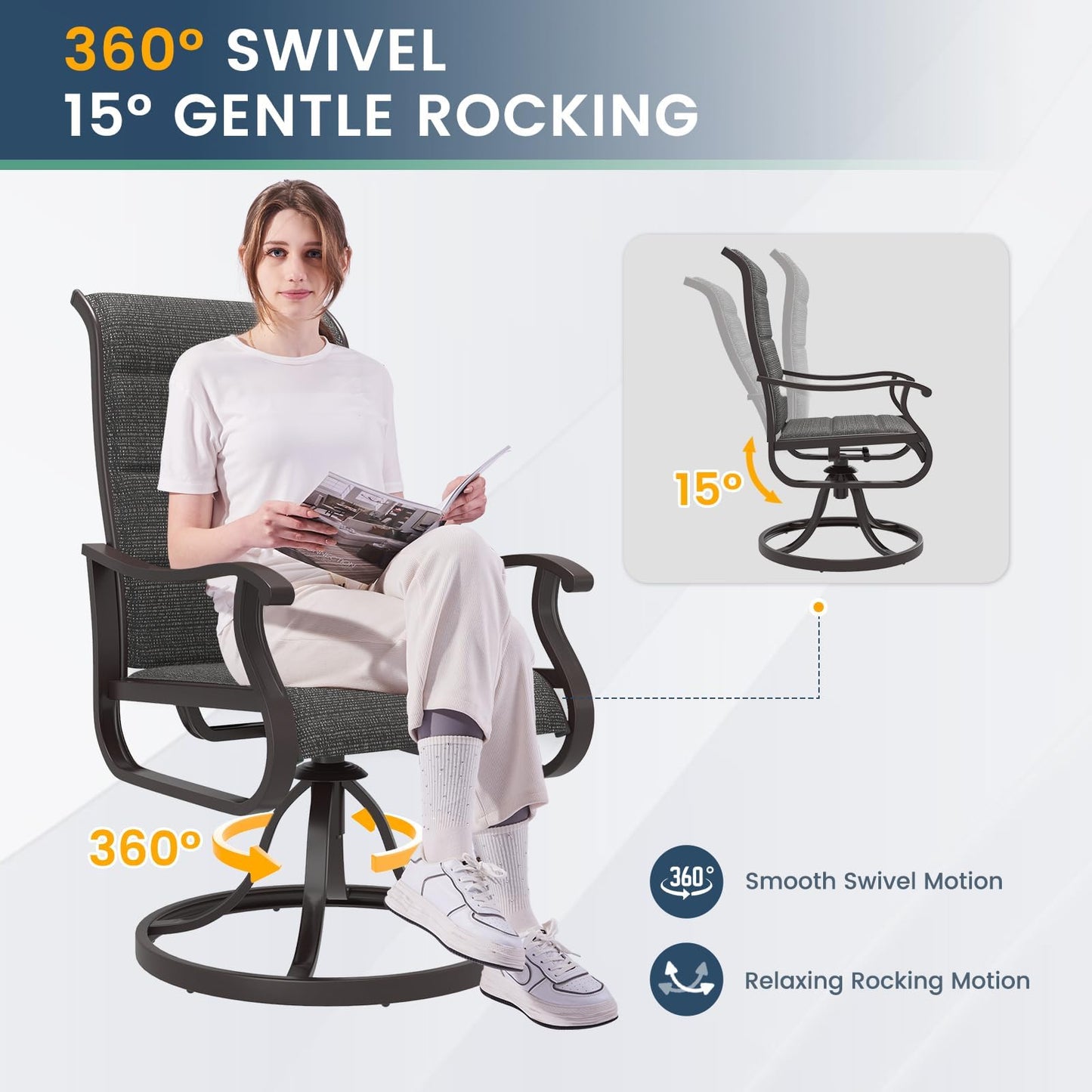 Amopatio Padded Patio Swivel Chairs Set of 2, Outdoor Dining Chairs with Ultra Soft Textilene High Back Seat & Metal Rocker Frame, for Backyard Deck Lawn (Dark Grey)
