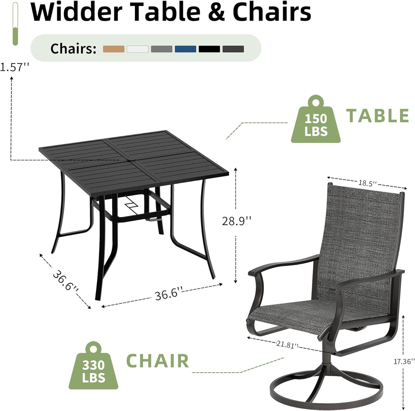 Amopatio 5 Pieces Patio Dining Set for 4, Outdoor Table and Chairs, 4 All Weather Swivel Patio Chairs, 36" Patio Spliced Square Table with Umbrella Hole, for Backyard, Poolside & Garden, Dark Gray