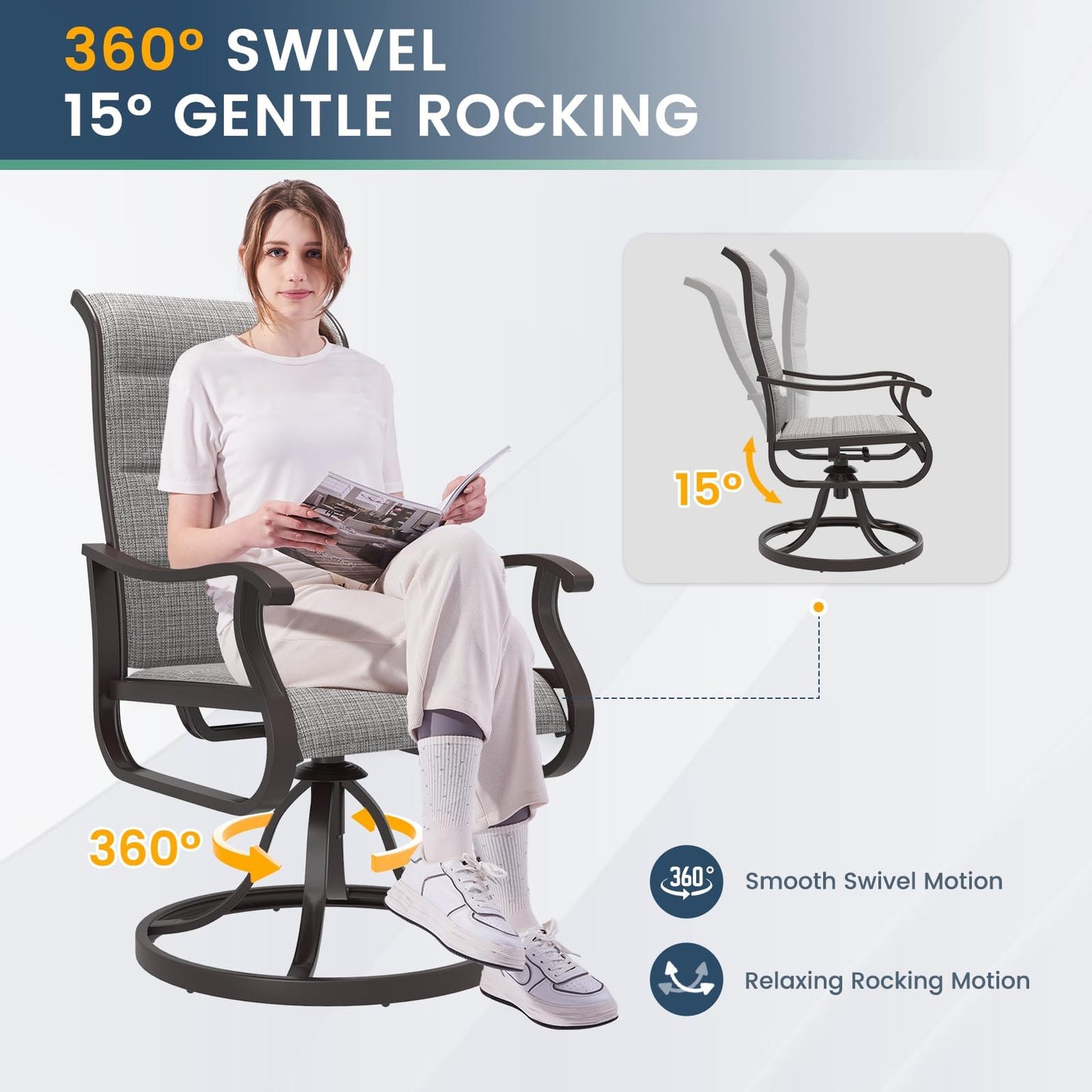 Amopatio Padded Patio Swivel Chairs Set of 6, Outdoor Dining Chairs with Ultra Soft Textilene High Back Seat & Metal Rocker Frame, for Backyard Deck Lawn Garden, Light Gray