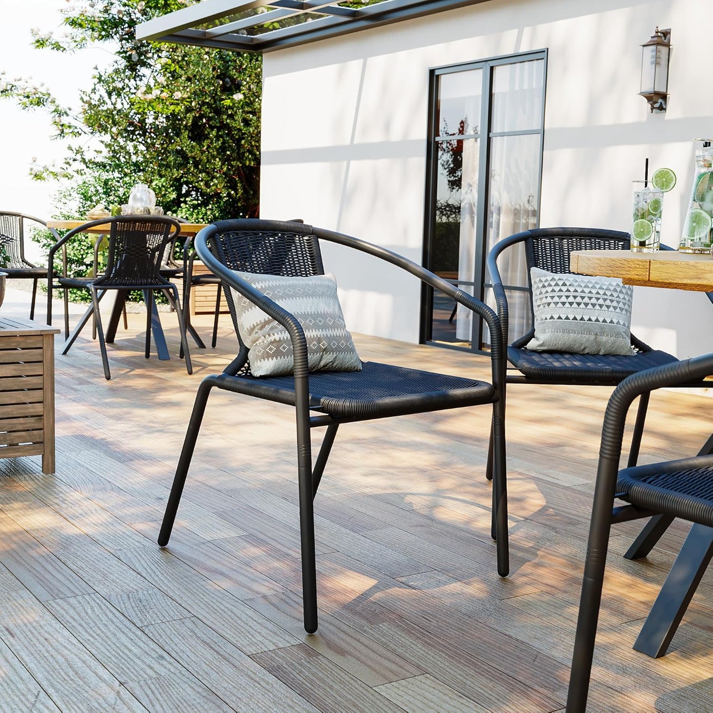 Amopatio Outdoor Dining Chairs Set of 4, Stackable Patio Chairs, Rattan Wicker Patio Chairs Set of 4, Bistro, Garden, Yard, Porch, Black