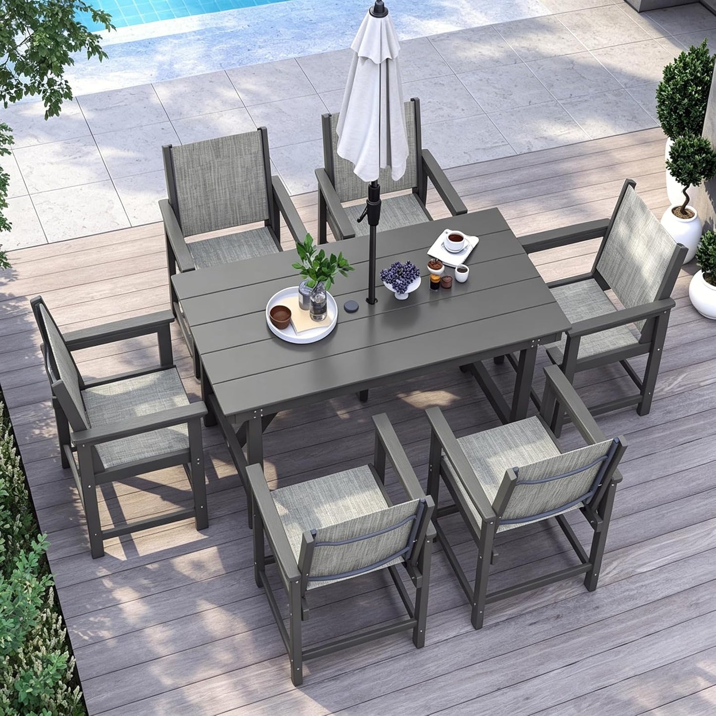 7 Piece HDPE Patio Dining Set, All-Weather Outdoor Table and Chair Sets with Umbrella Hole Outdoor Dining Table Sets of 6 Textilene Fabric Patio Chairs for Backyard, Poolside, Garden, Deck(Gray)