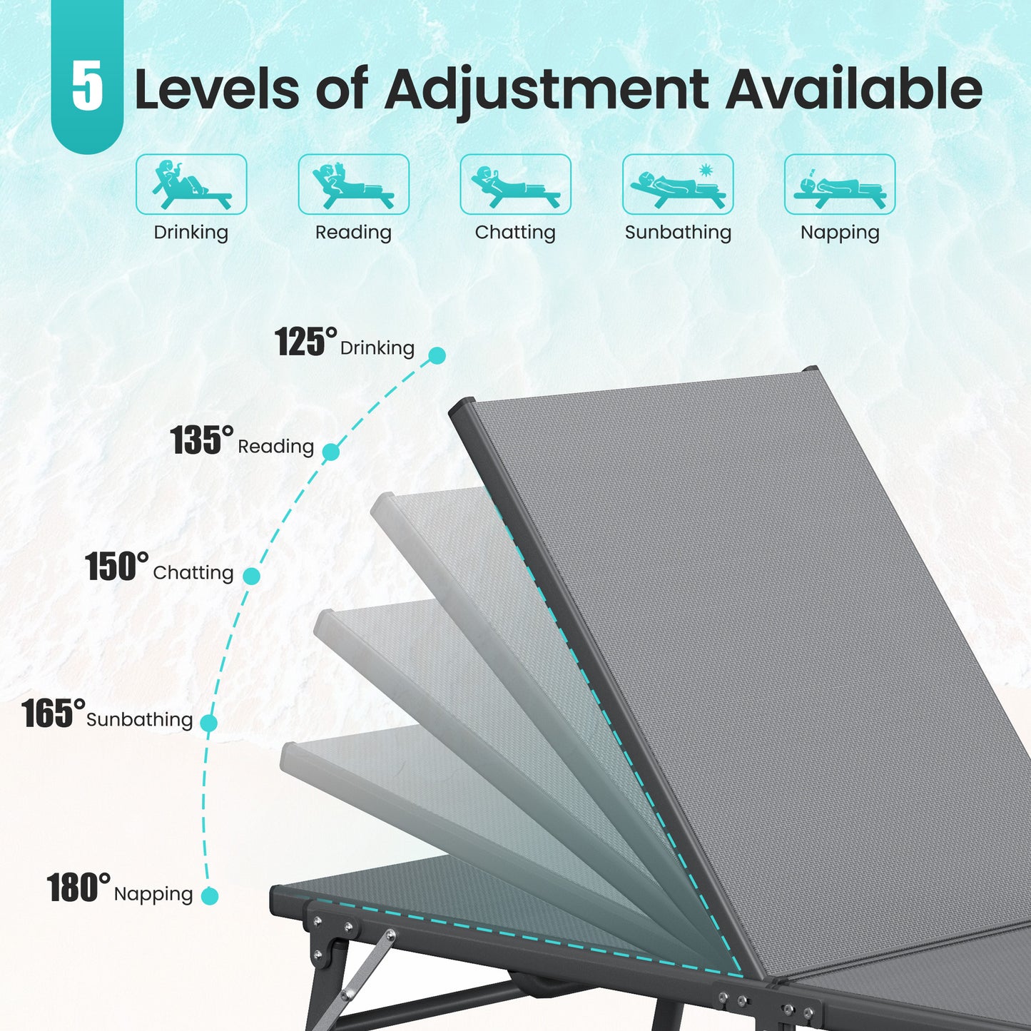 Foldable Patio Lounge Chairs 3 Piece Set, 2 Portable Pool Chaise Lounges with Square Side Table, Heavy Duty Iron Frame, Weather Resistant, 5-Position Adjustable Backrest, 400 LBS Capacity,Gray