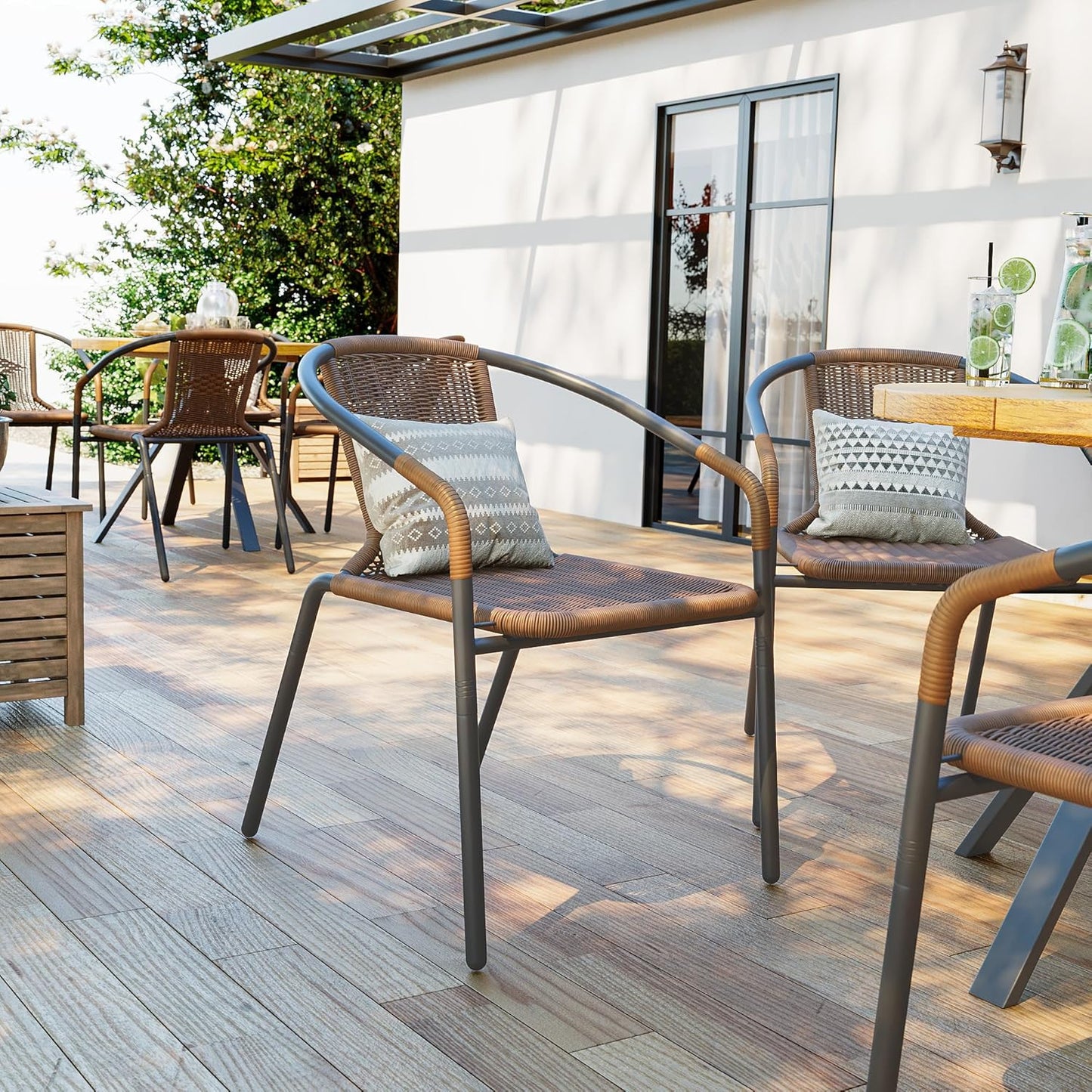 Amopatio Outdoor Dining Chairs Set of 6, Rattan Wicker Patio Chairs, Stackable Indoor-Outdoor Chairs, Bistro, Deck, Yard, Porch, 6 Pack, Brown