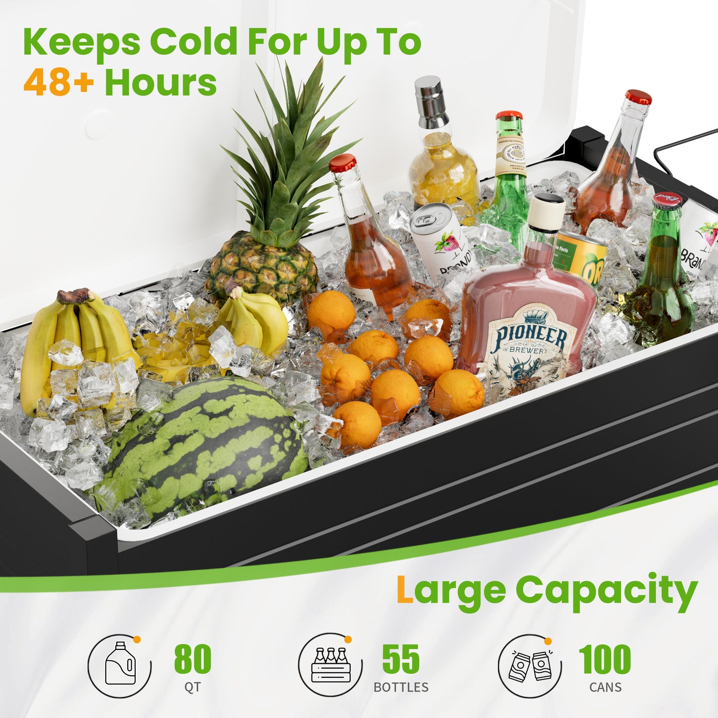 80QT Rolling Ice Chest with Tabletop, Insulated Cooler Cart with Wheels, Outdoor Kitchen Prep Station & Drink Cooler for Patio, BBQ, Camping, Black