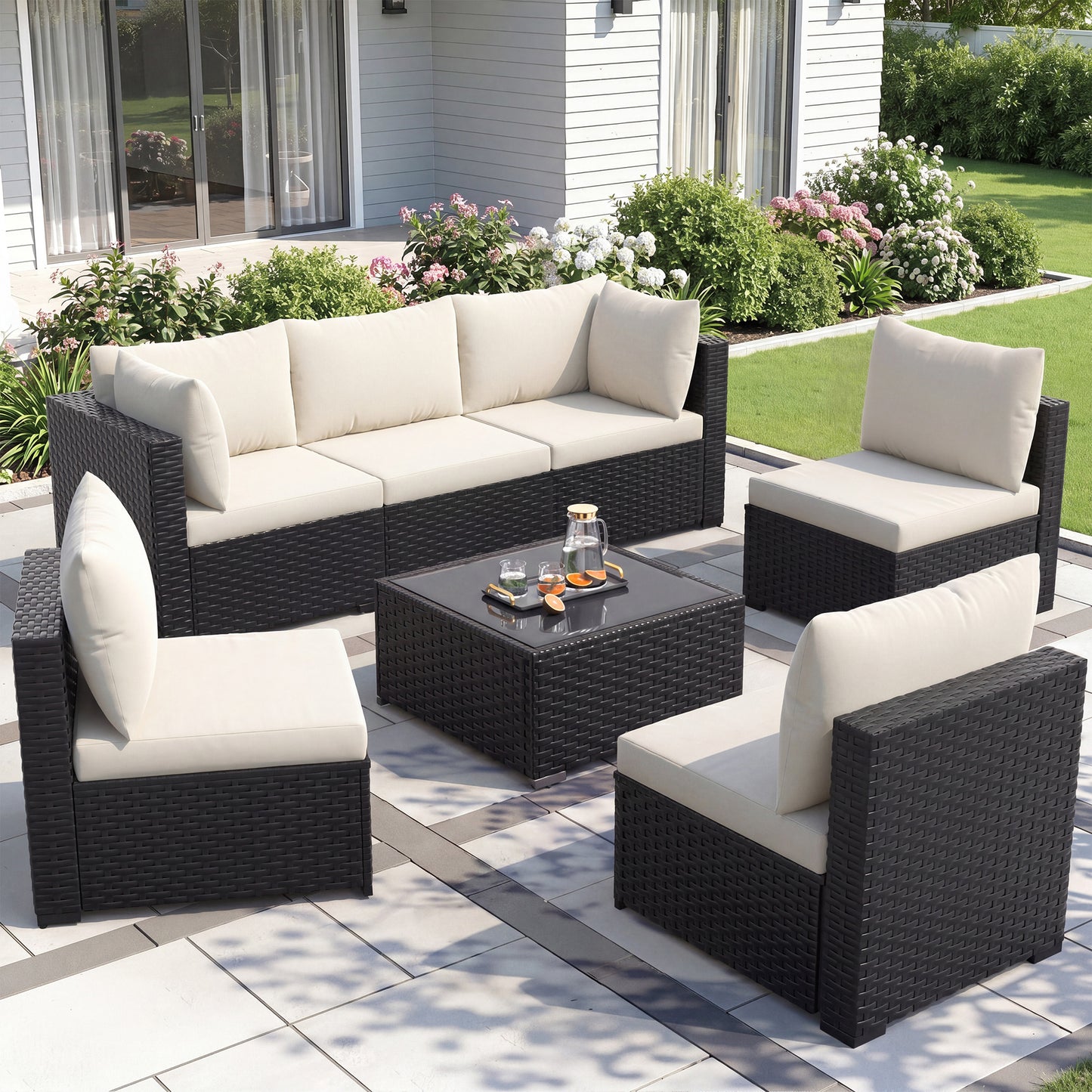 Amopatio 7 Piece Patio Furniture Set, Outdoor Sectional Modular Wicker Outdoor Furniture, Coffee Table Included, for Porch, Garden, Backyard,Beige