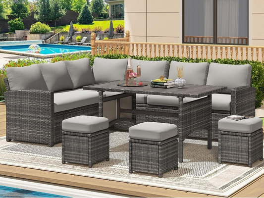 ELPOSUN 7 Piece Patio Conversation Set, Outdoor Sectional Sofa Rattan Wicker Dining Furniture, Gray