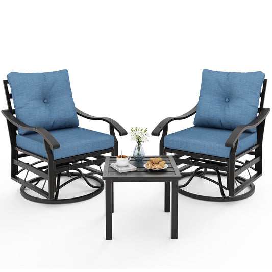 ELPOSUN 3-Piece Outdoor Patio Conversation Set - Metal Swivel Rocking Chairs (2) with Navy Cushions & Coffee Table - Garden, Porch, Backyard Furniture